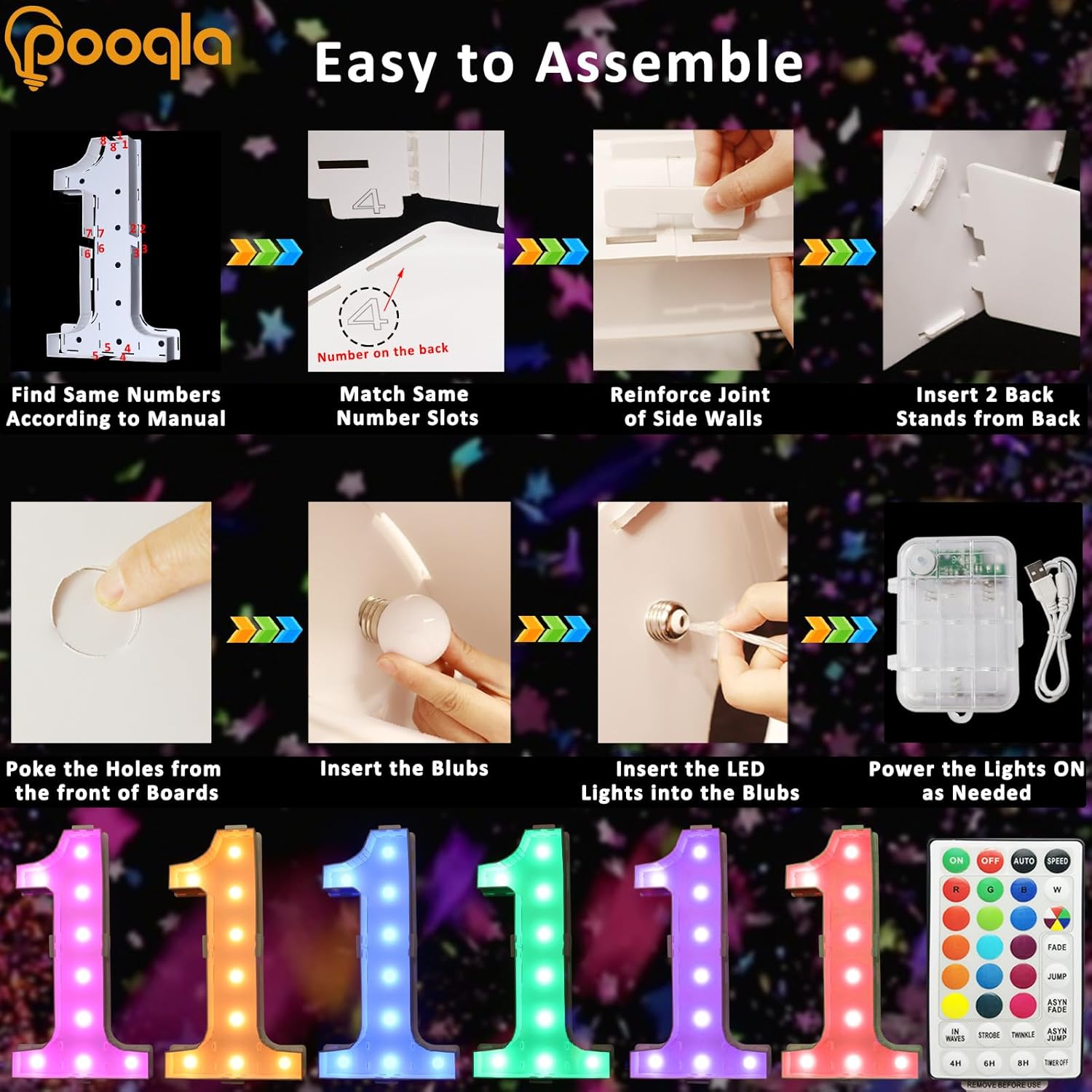 Pooqla Números iluminados de marquesina de 3 pies, números de marquesina grandes iluminados con control remoto, números de mosaico gigante RGB para
