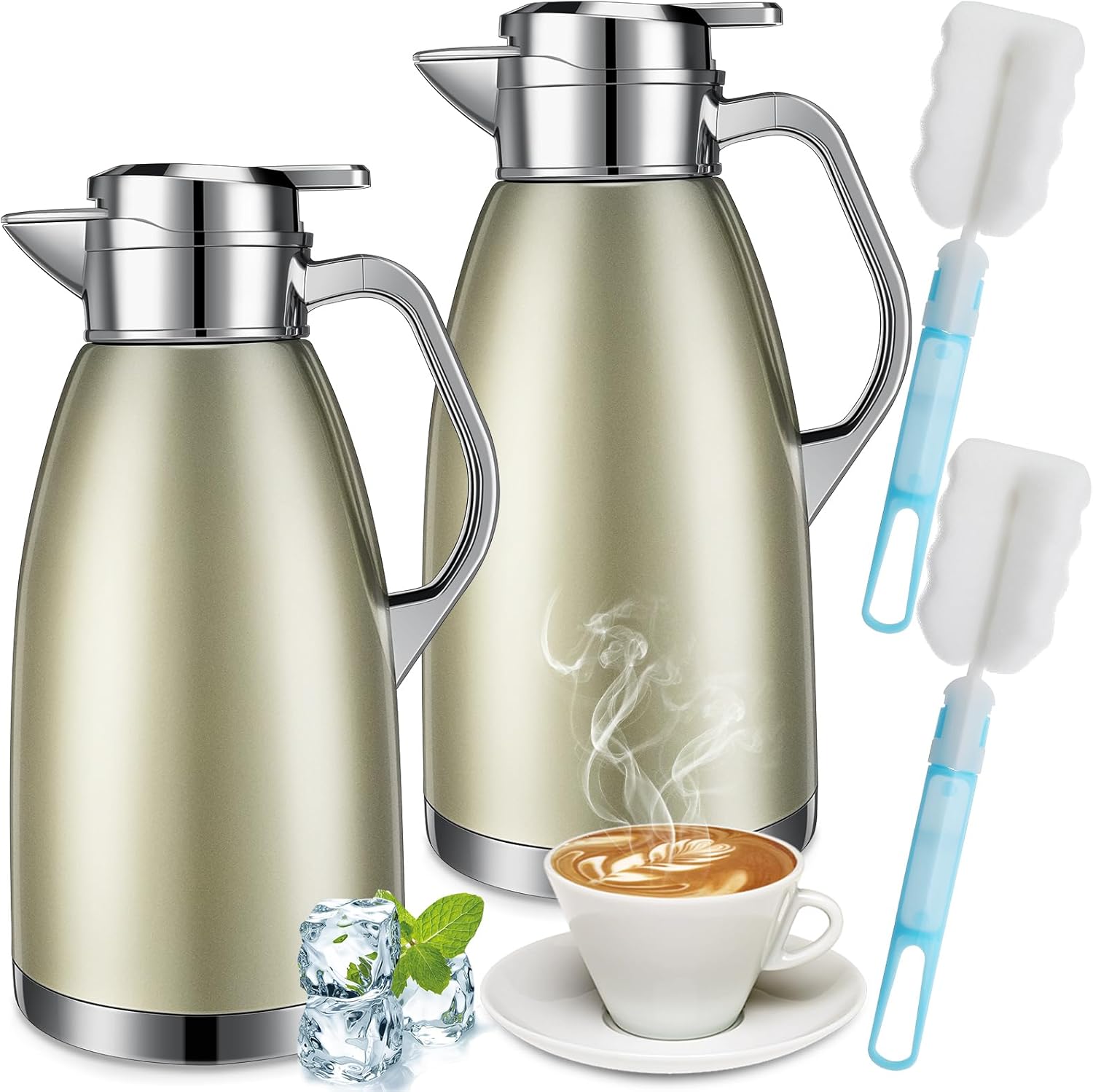 2 jarras térmicas de café de 78 onzas, dispensador de agua caliente, jarra de acero inoxidable para café líquido caliente, té, leche con 2 cepillos,