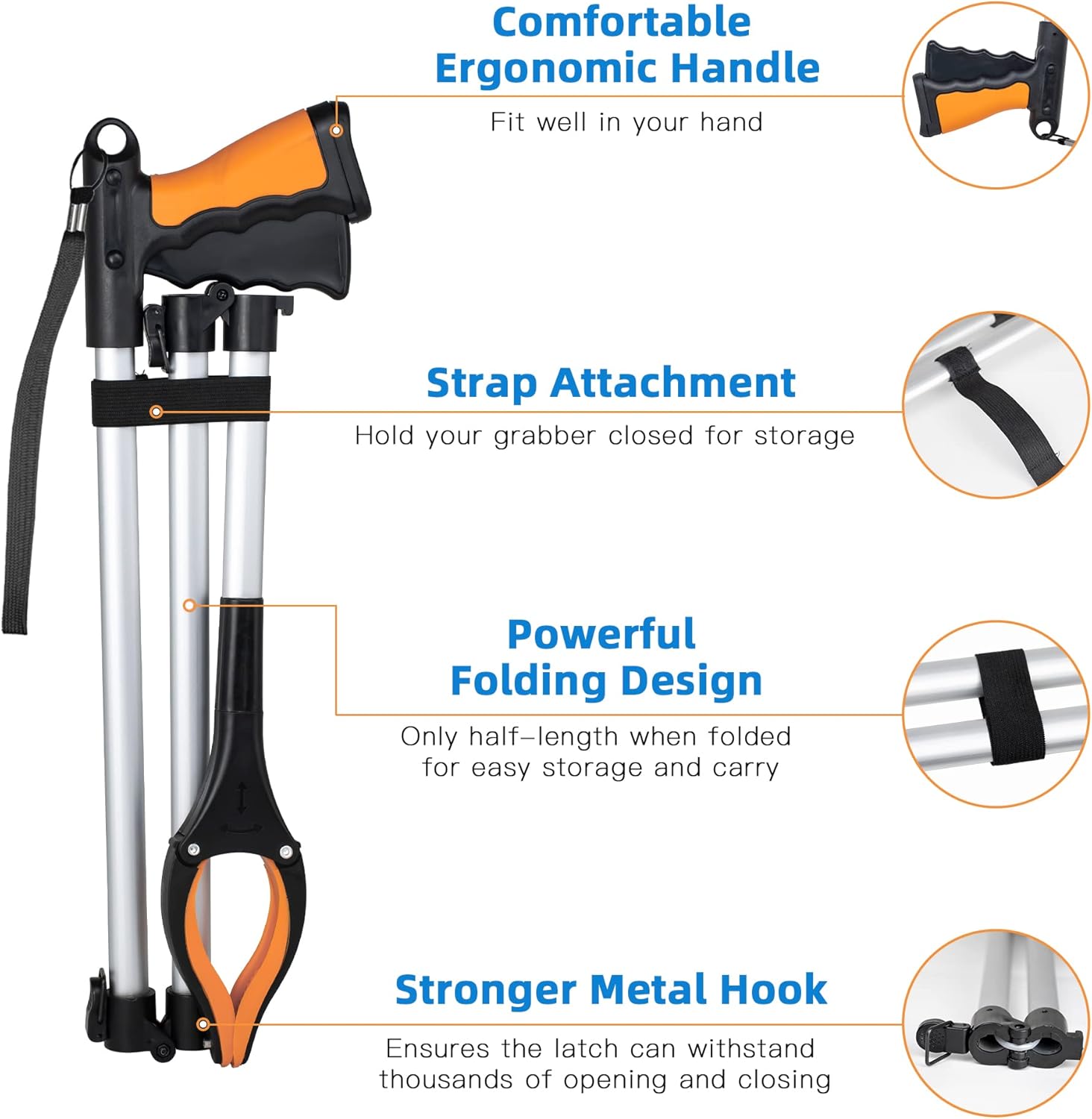 Grabber Reacher Tool 2024 mejorada herramienta de agarre plegable de 43 pulgadas para ancianos, palo de recogida plegable extra largo con fuerte