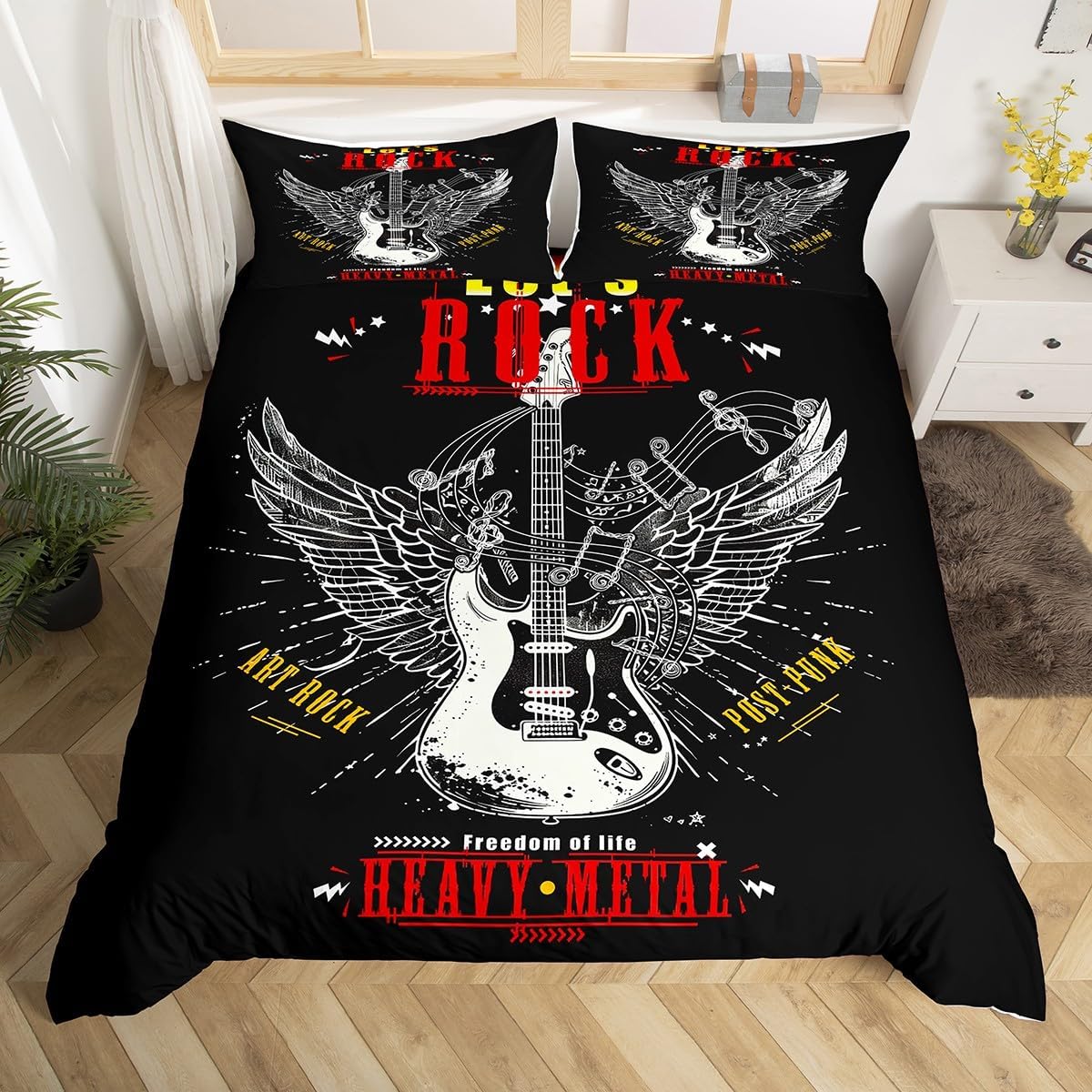 Feelyou Funda de edredón con temática de música rock, juego de ropa de cama con patrón musical para niños, adolescentes, alas de pájaro, funda de