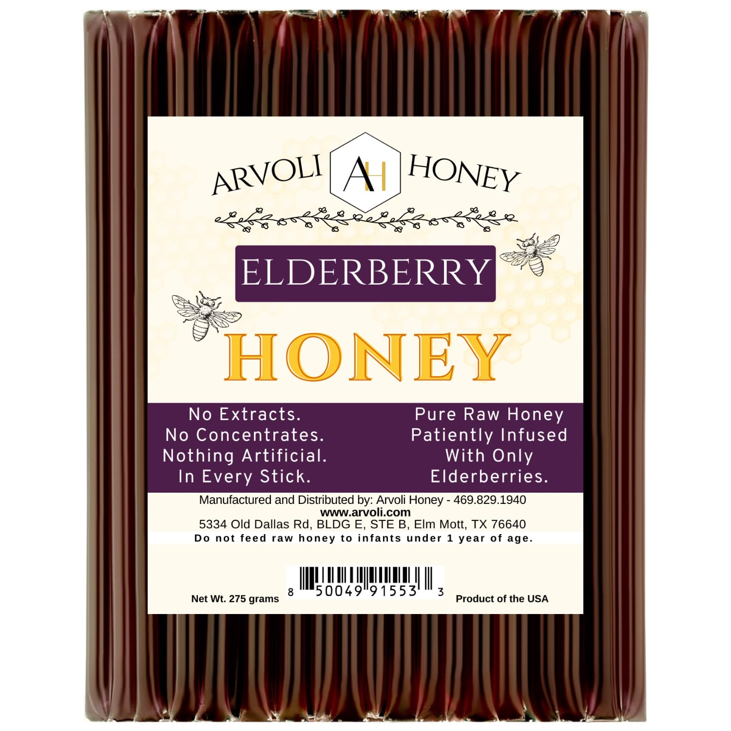 Arvoli Honey – Pajitas de miel cruda con infusión de saúco, paquete de 50 unidades, 50 palitos de miel infusión de sabor natural, no artificial, sin