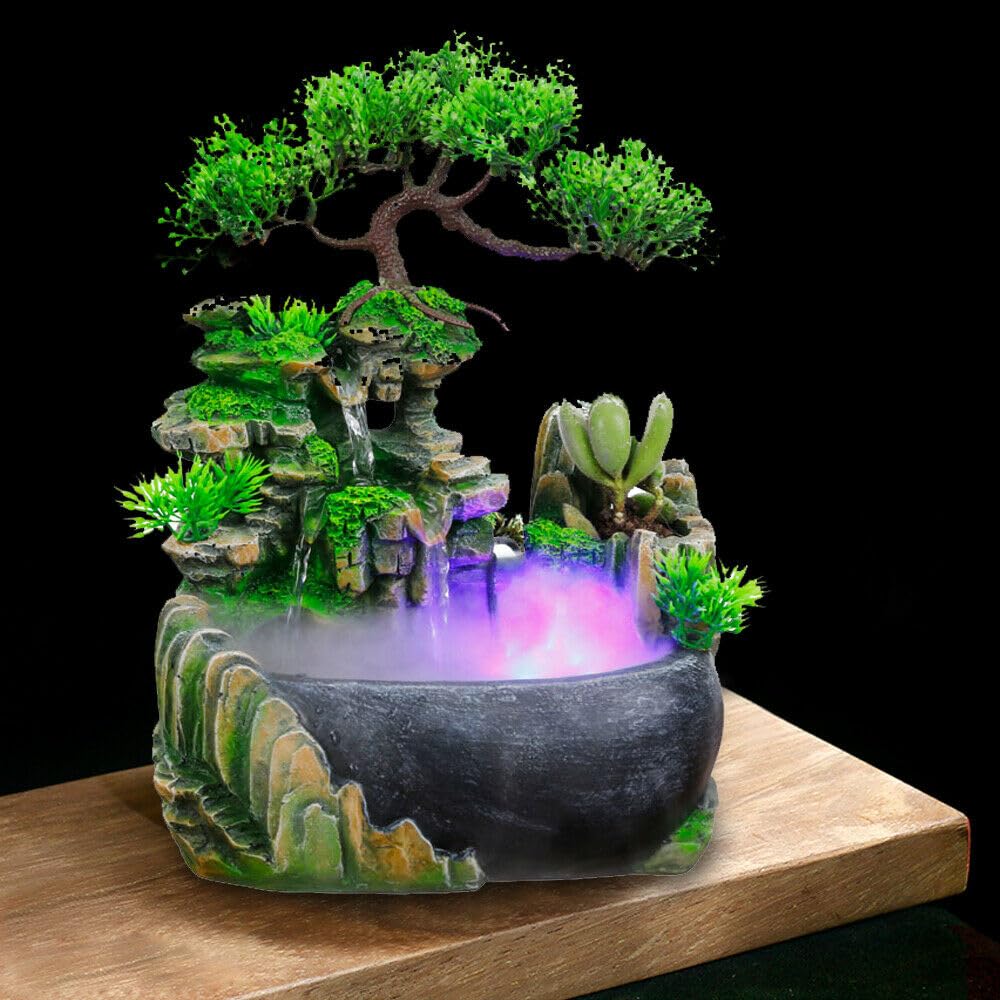 TFCFL Fuente de escritorio de relajación para interiores, cascada, cascada de meditación zen para interiores con fabricante de niebla y luz LED