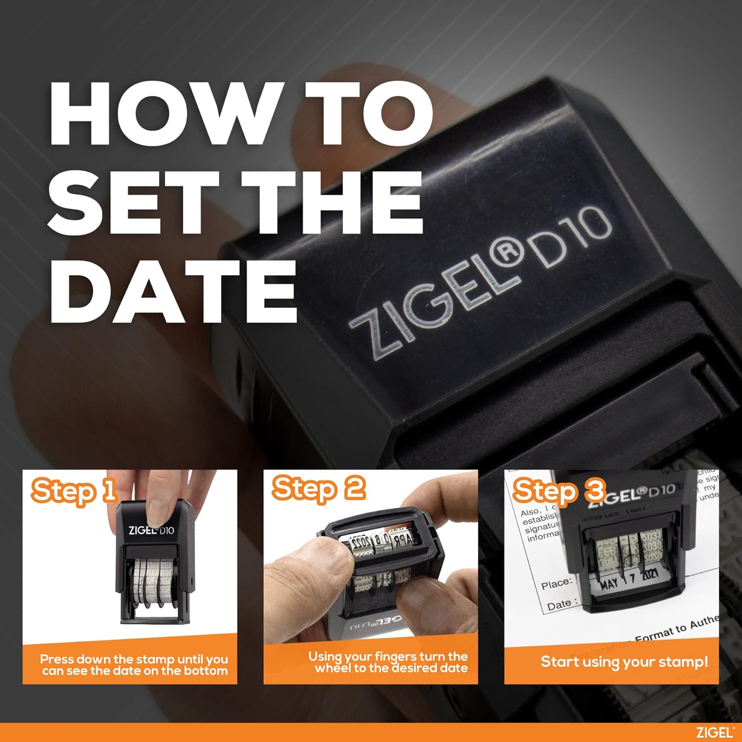 ZIGEL D10 Office Date Stamp – Sello de fecha autoentintado – Azul
