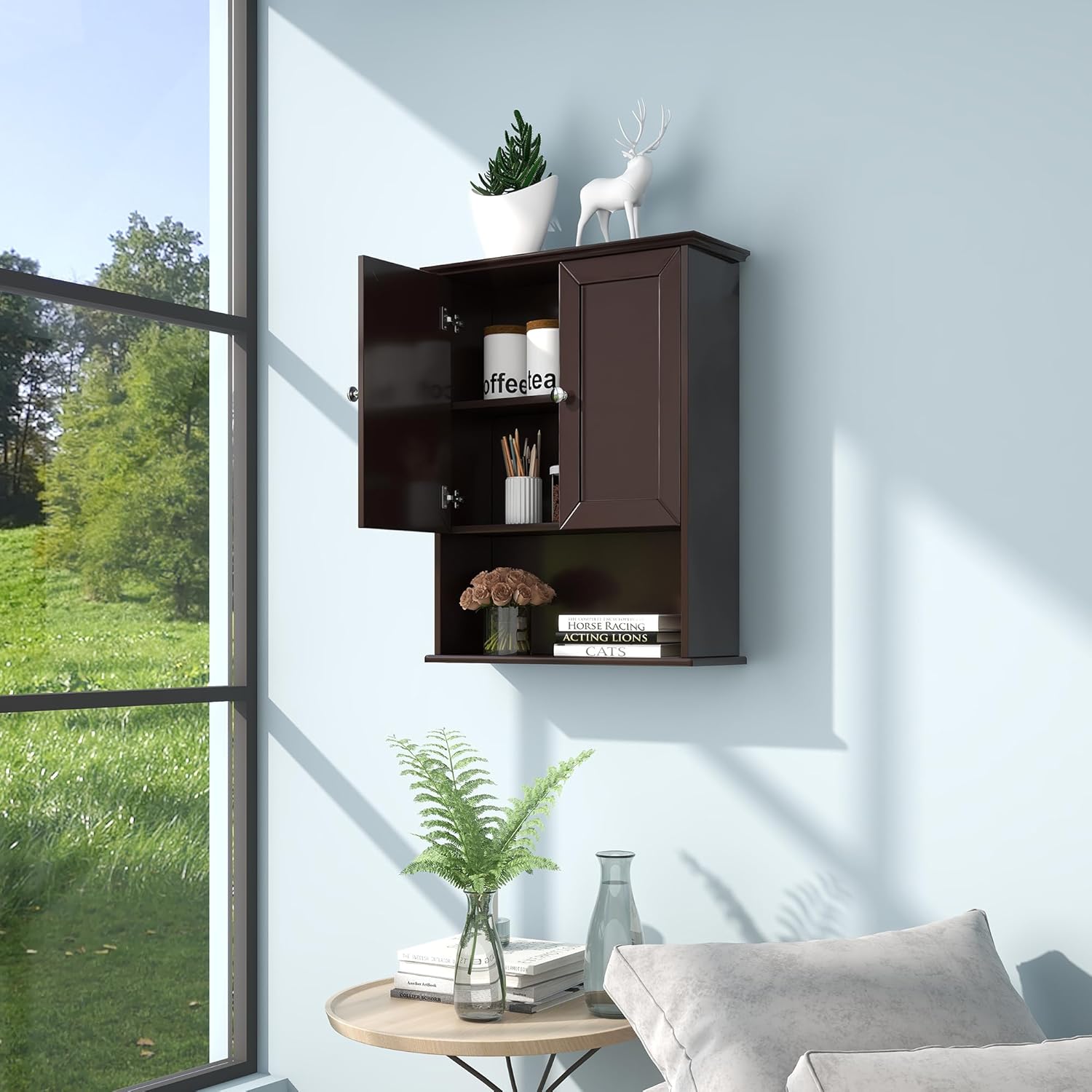 VANIRROR Armario de pared para baño, color marrón, sobre inodoro, 24 x 30 pulgadas, armarios de madera para medicamentos montados en la pared con 2