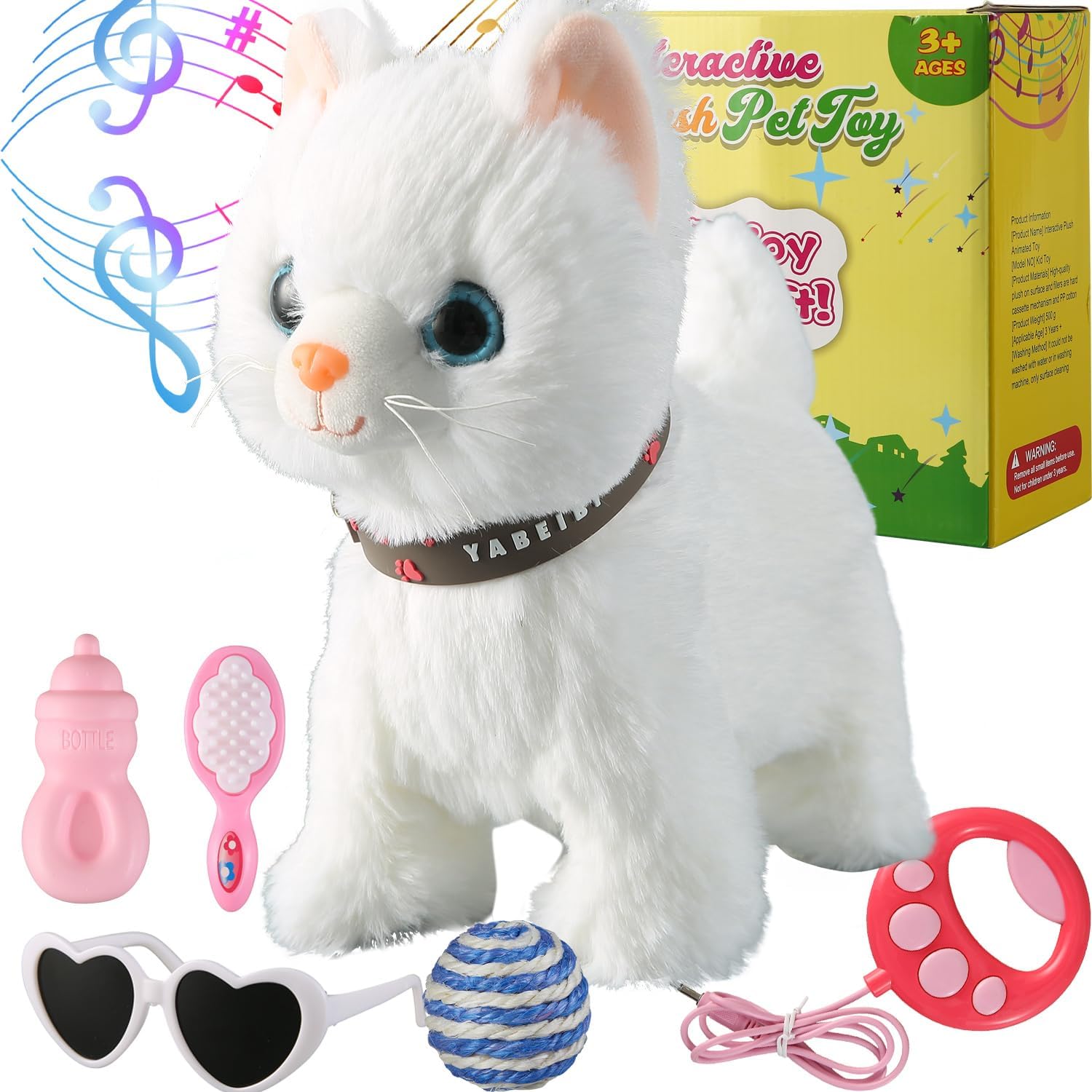 Juego de gato que camina con correa blanca cantando que ronronea y maulla, robot de peluche animado, gatito, mascota en movimiento, realista, animal