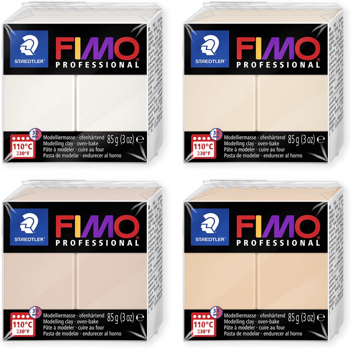 Staedtler 8004 FIMO Professional – Arcilla de modelado polimérica endurecedora para horno, paquete de 4 bloques de 3.00 oz, colores neutros