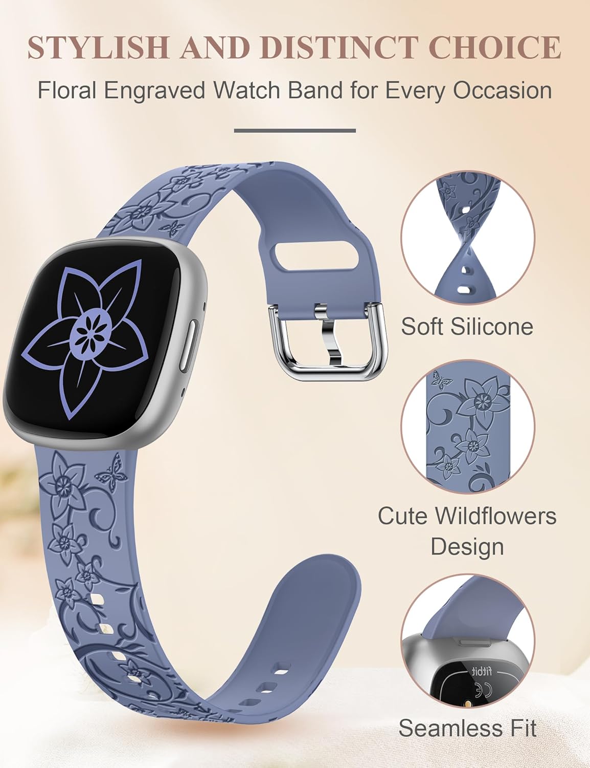 W-RARA Correa con grabado floral compatible con Fitbit Versa 4Versa 3Sense 2Sense Band para mujer, bonita correa de silicona suave con diseño de