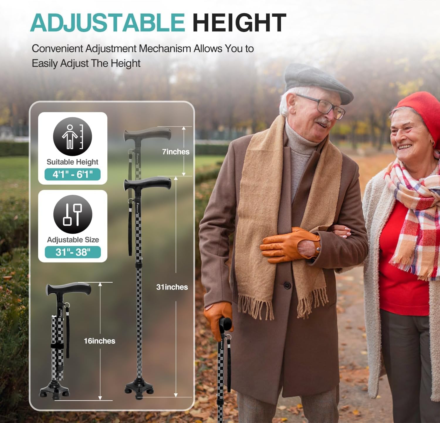 FANECO Bastón para ancianos, bastón plegable para personas mayores, base cuádruple giratoria, bastón ligero y ajustable para hombres y mujeres