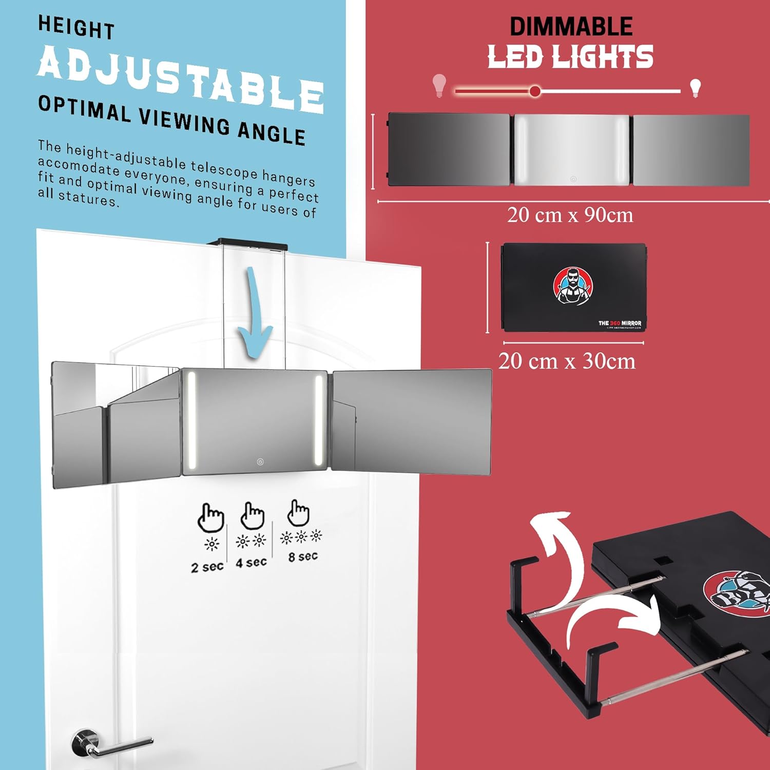 LIPFISBARBERSHOPCOM Espejo de 360 - Espejo de 3 vías para corte de pelo automático con ganchos telescópicos ajustables en altura negro con luces LED - Imagen 5