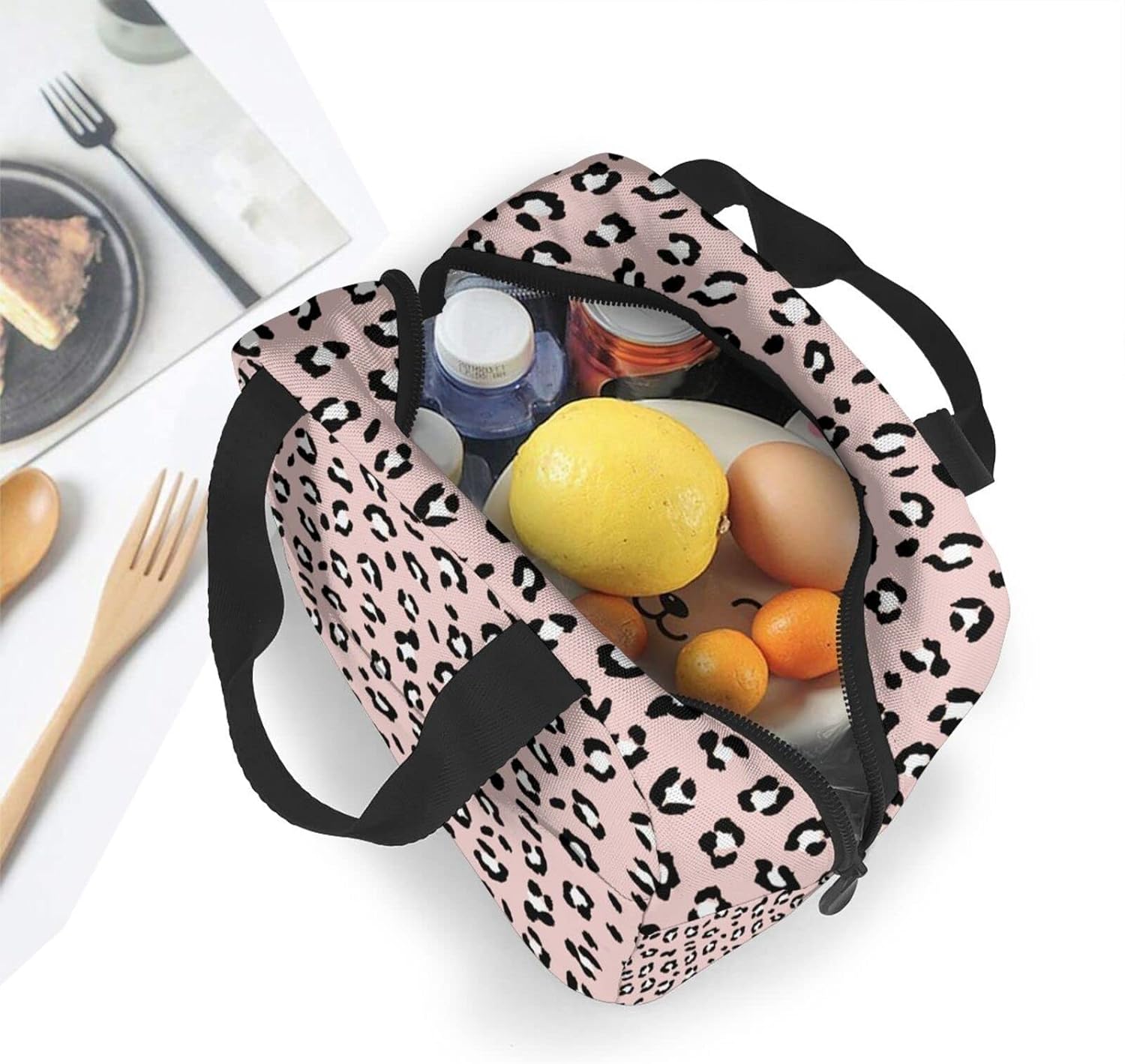 Bolsa de almuerzo portátil con patrón de piel de leopardo rosa para mujeres y hombres, bolsa de almuerzo reutilizable para