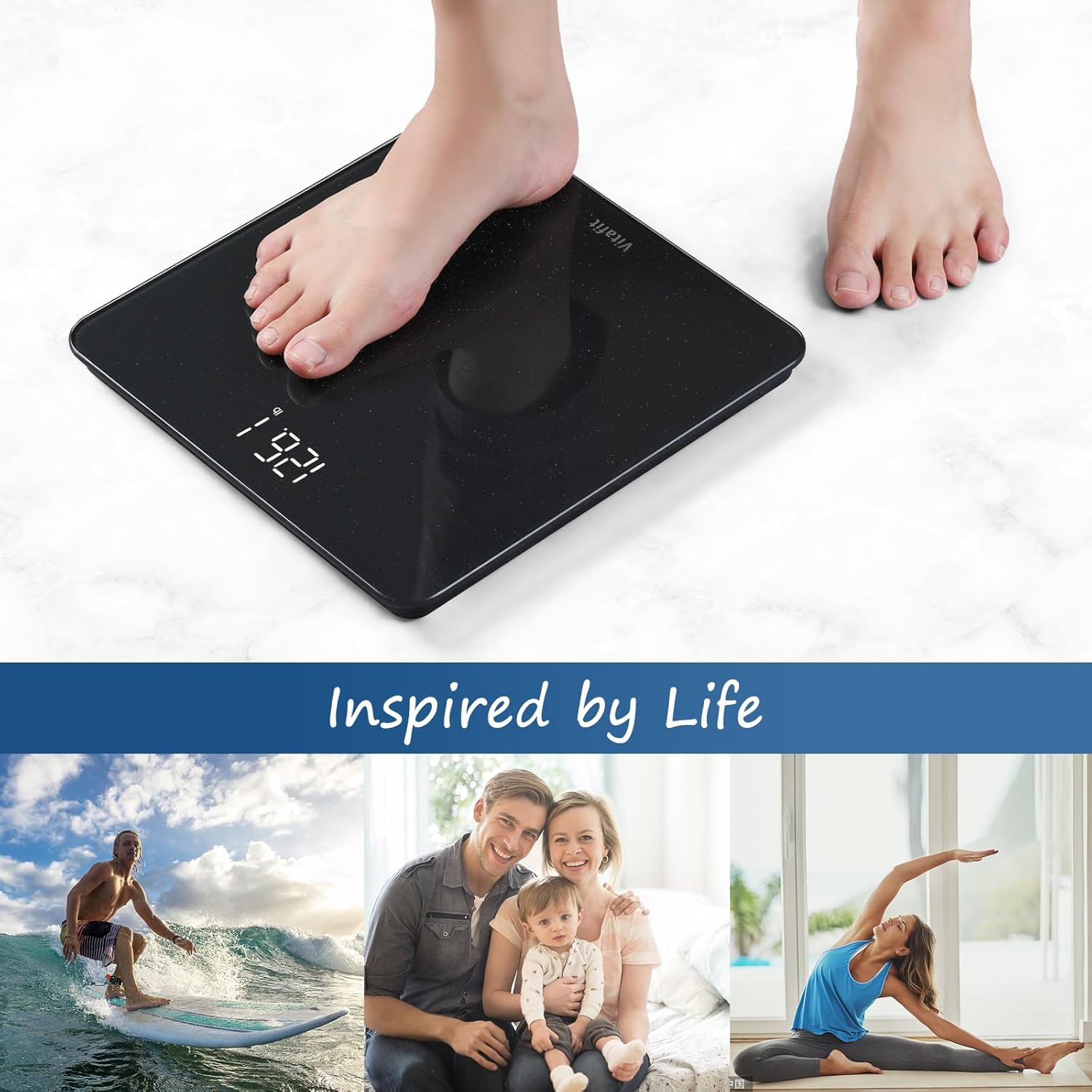 Vitafit Báscula digital de baño para peso corporal, pesaje profesional desde 2001, pantalla LED transparente y pasador, 3 pilas AAA incluidas, 400