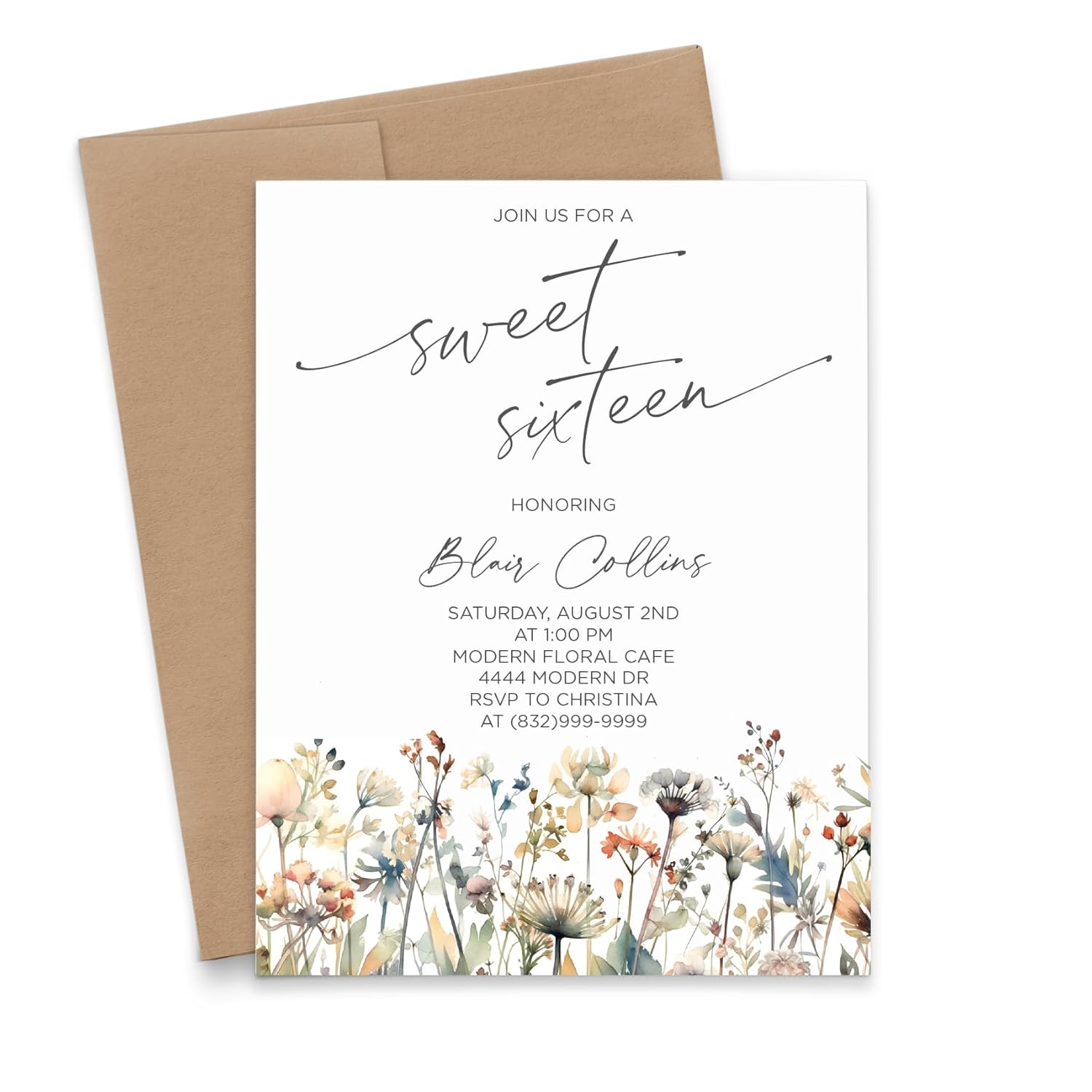 Watercolor Fall Wildflower Sweet 16 Invitations, Personalized Floral 16th Birthday Invite for Girls, Modern Sweet Sixteen Party Invites with