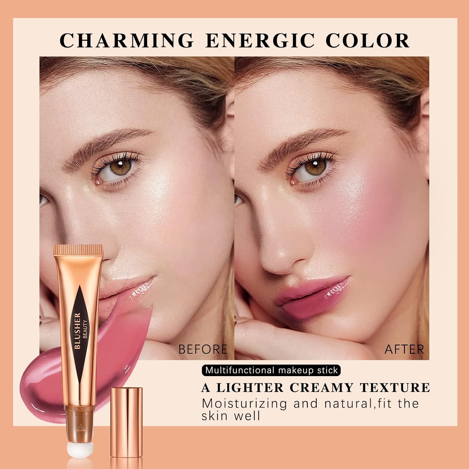 Rubor líquido de belleza varita Hazy acabado mate, colorete facial crema natural, lápiz de rubor rojo con aplicador de cojín, tinte suave para