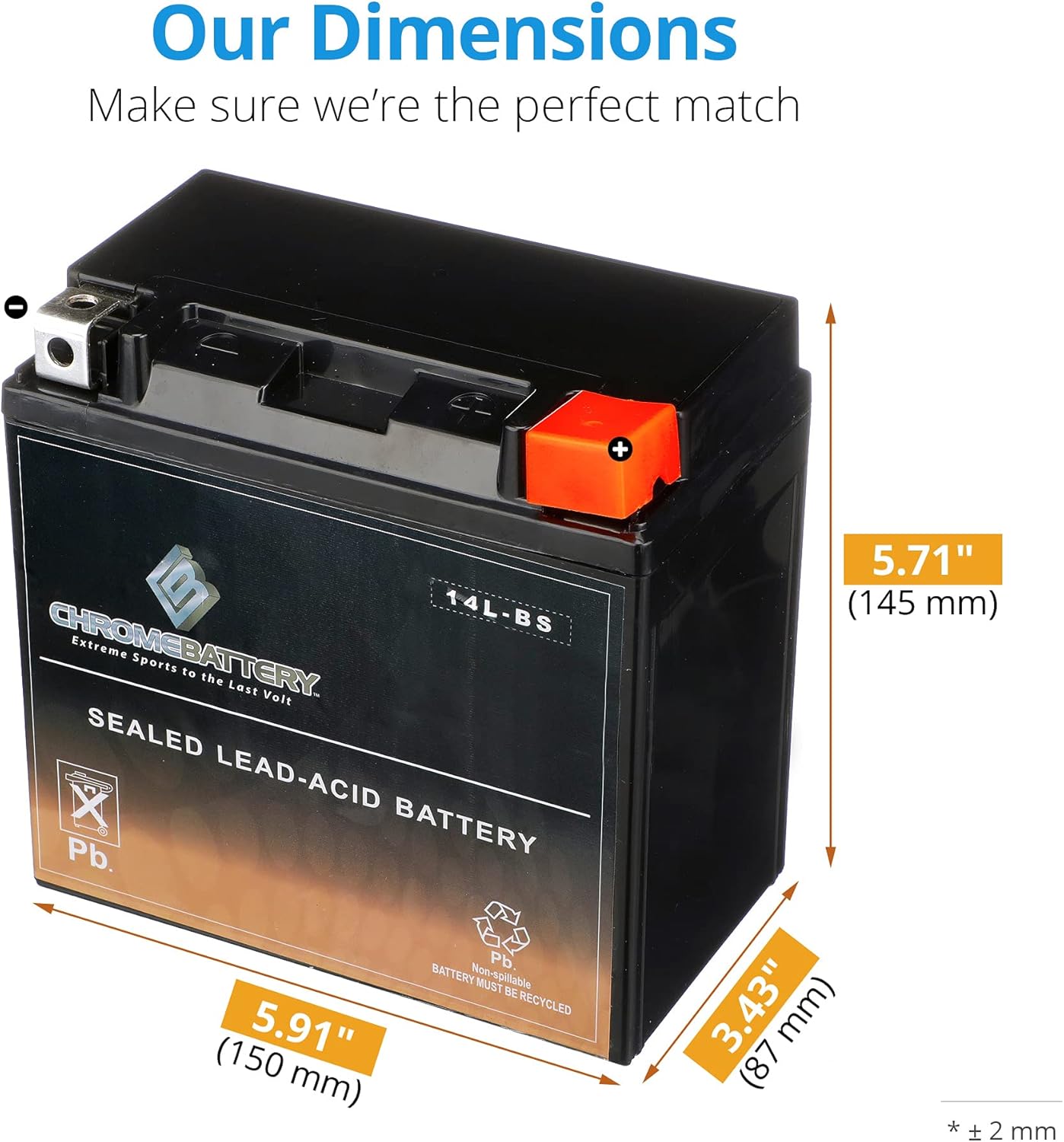 Chrome Battery YTX14L-BS Batería de repuesto sin mantenimiento para motocicleta Harley-Davidson 2004-21 12 voltios, 1.4 amperios, 12 Ah, terminal de