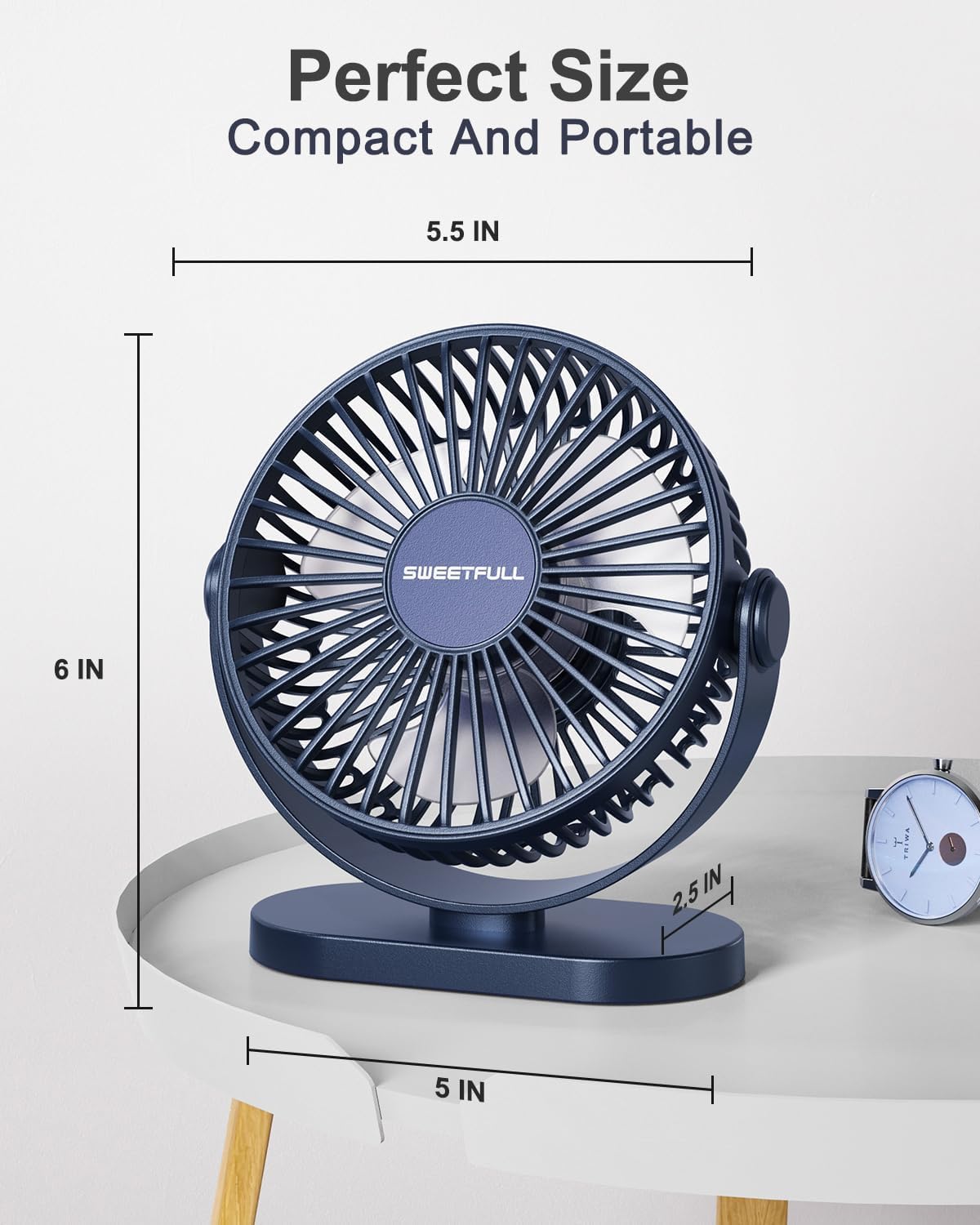 SWEETFULL Ventilador de escritorio USB pequeño silencioso  3 velocidades, mini ventilador portátil personal de rotación de 360 ajustable, accesorios