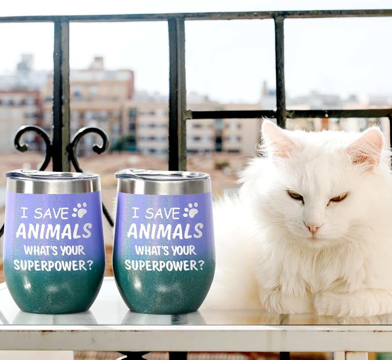 Paquete de 4 vasos de vino con tapa, diseño de texto en inglés “I Save Animals, Whats Your Superpower”, de acero inoxidable, ideas de cumpleaños y