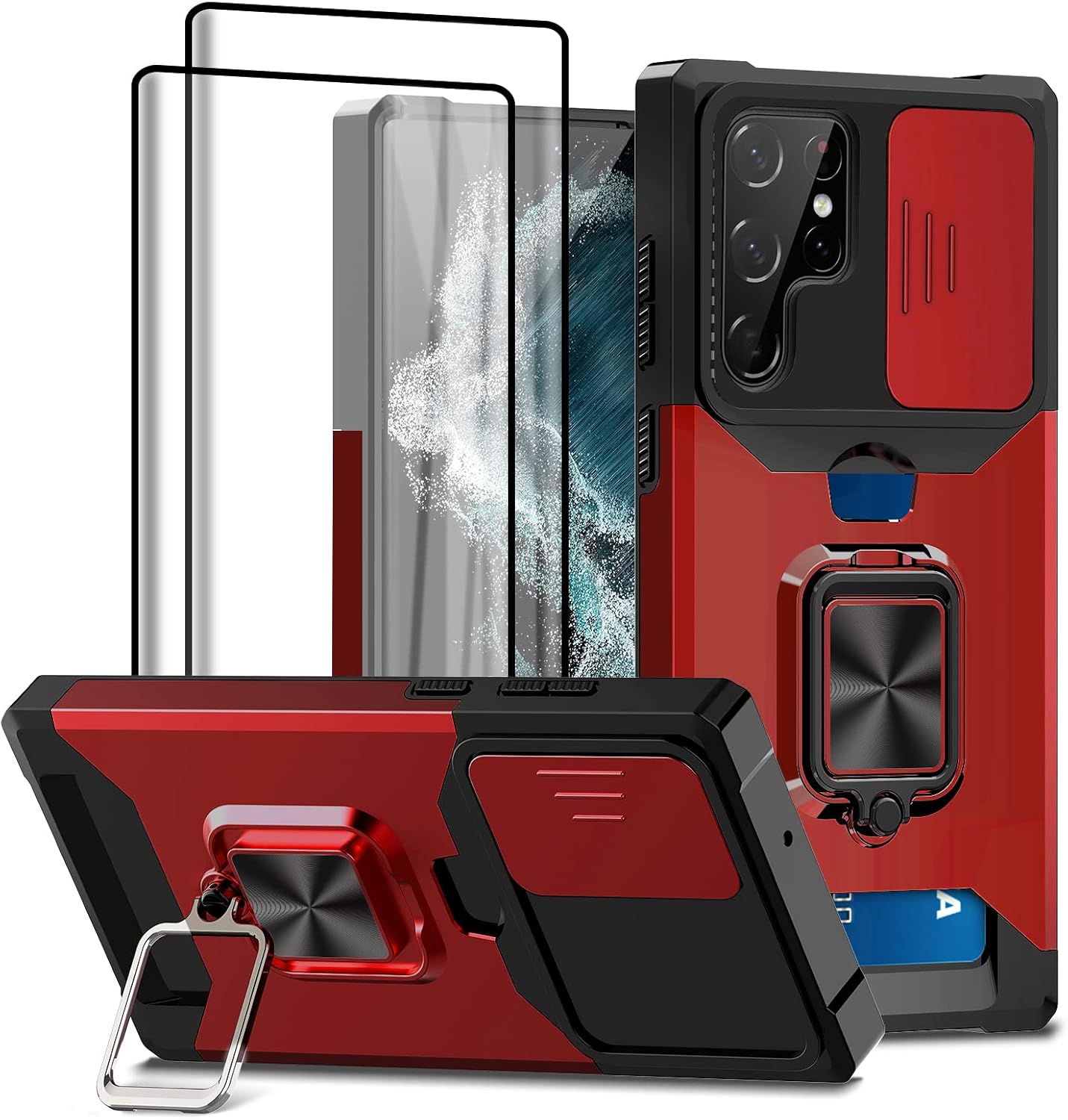 Jusy Funda tipo cartera para Samsung Galaxy S22 Ultra y 2 protectores de pantalla, con funda deslizante para cámara, ranura para tarjetas y anillo