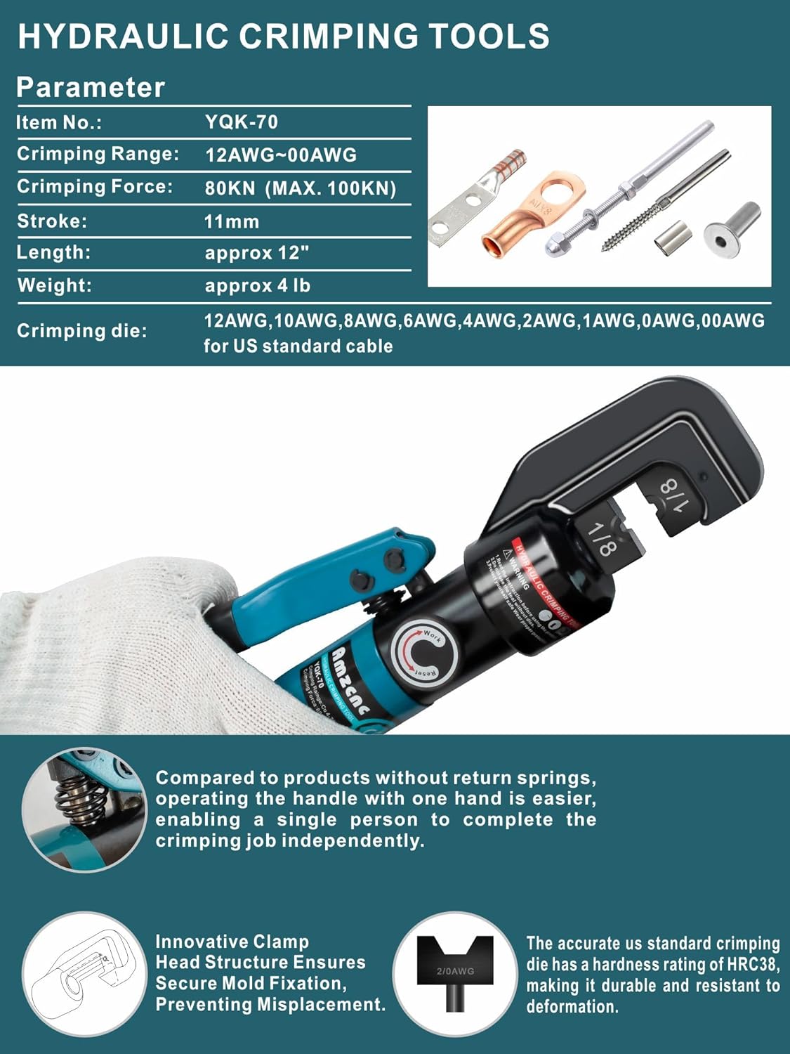 AMZCNC Kit de herramientas de prensado hidráulico con 9 troqueles de cable de cobre estándar de Estados Unidos (12AWG a 20AWG) y troqueles de acero