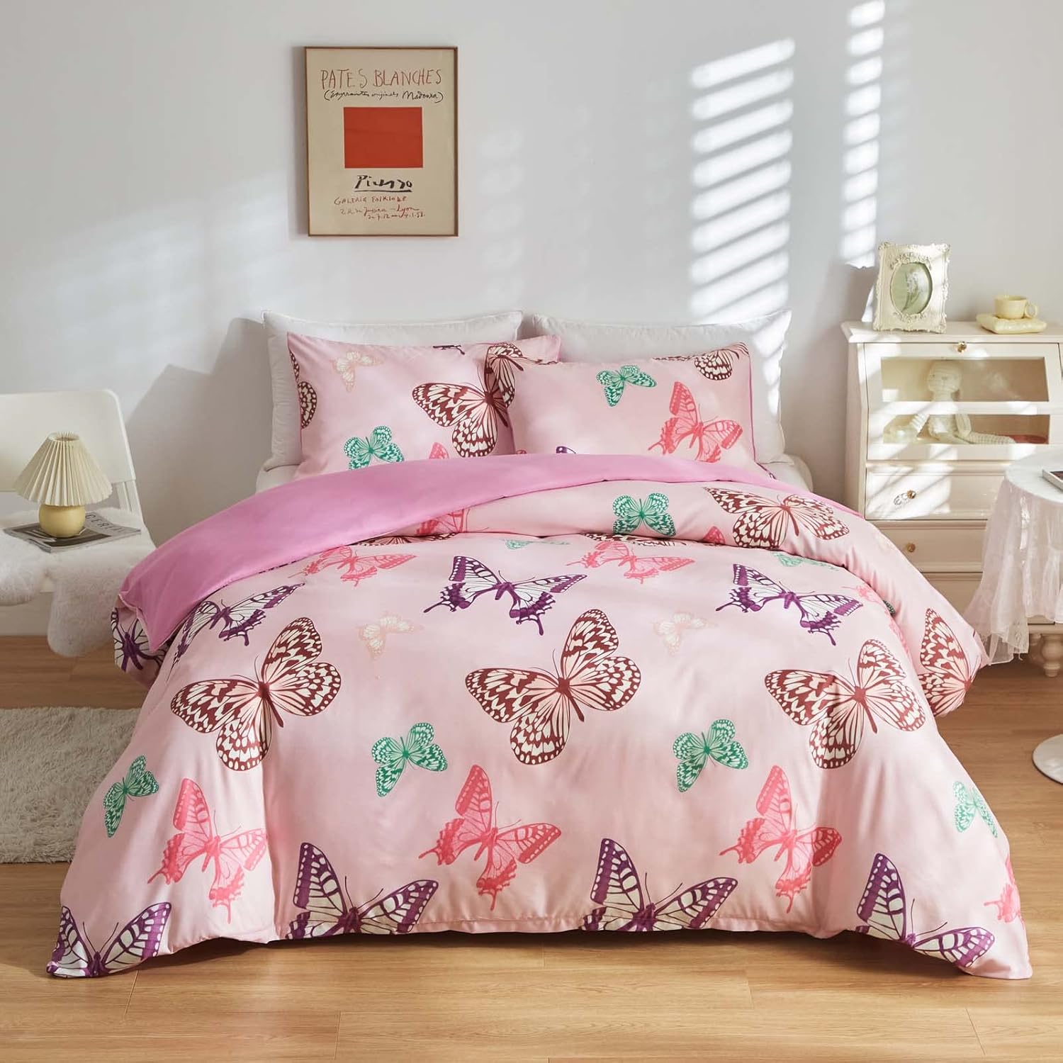 Juego de funda de edredón con diseño de mariposa que brilla en la oscuridad, tamaño individual, 2 piezas para niños y niñas, decoración que brilla