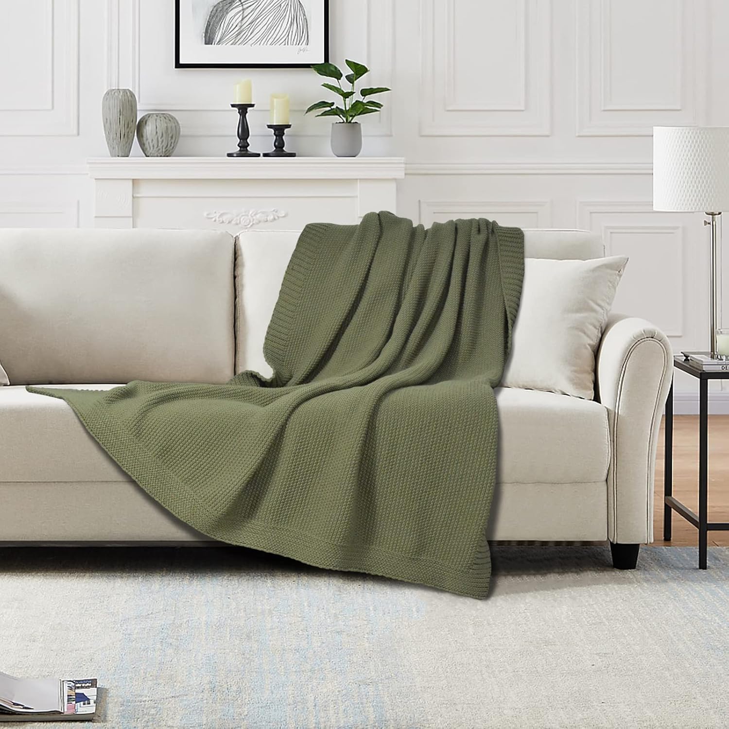 Manta de punto trenzado para sofá, suave, cálida, acogedora, versátil, decorativa, manta de punto para sofá, silla, color verde oliva, 60 x 80