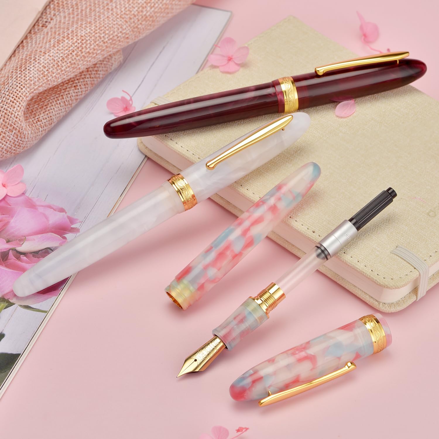 Hongdian N9 – Pluma estilográfica, punta extra fina, borde dorado, color caramelo fresco y diseño acrílico con convertidor y juego de caja de