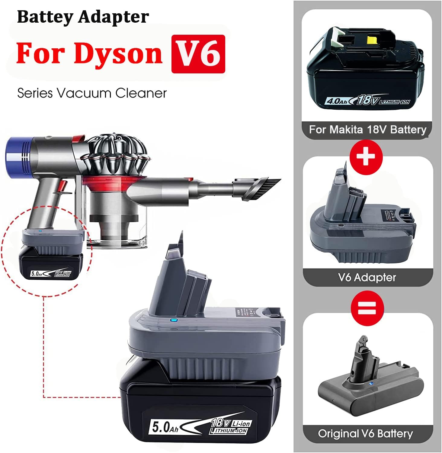 V6 – Adaptador de batería compatible con batería de litio Makita de 18 V BL1850 BL1835 BL1830 a repuesto para Dyson V6 SV04 SV03 DC59 DC58 DC62 SV09