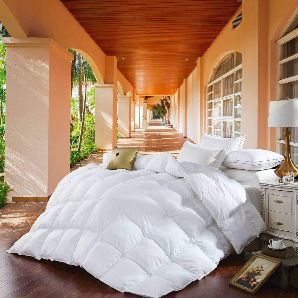 Cobertor Grandeur Linen de lujo, 1200 hilos, cobertor alternativo con plumas de ganso, 100 % algodón egipcio, color blanco liso, 750 potencia de