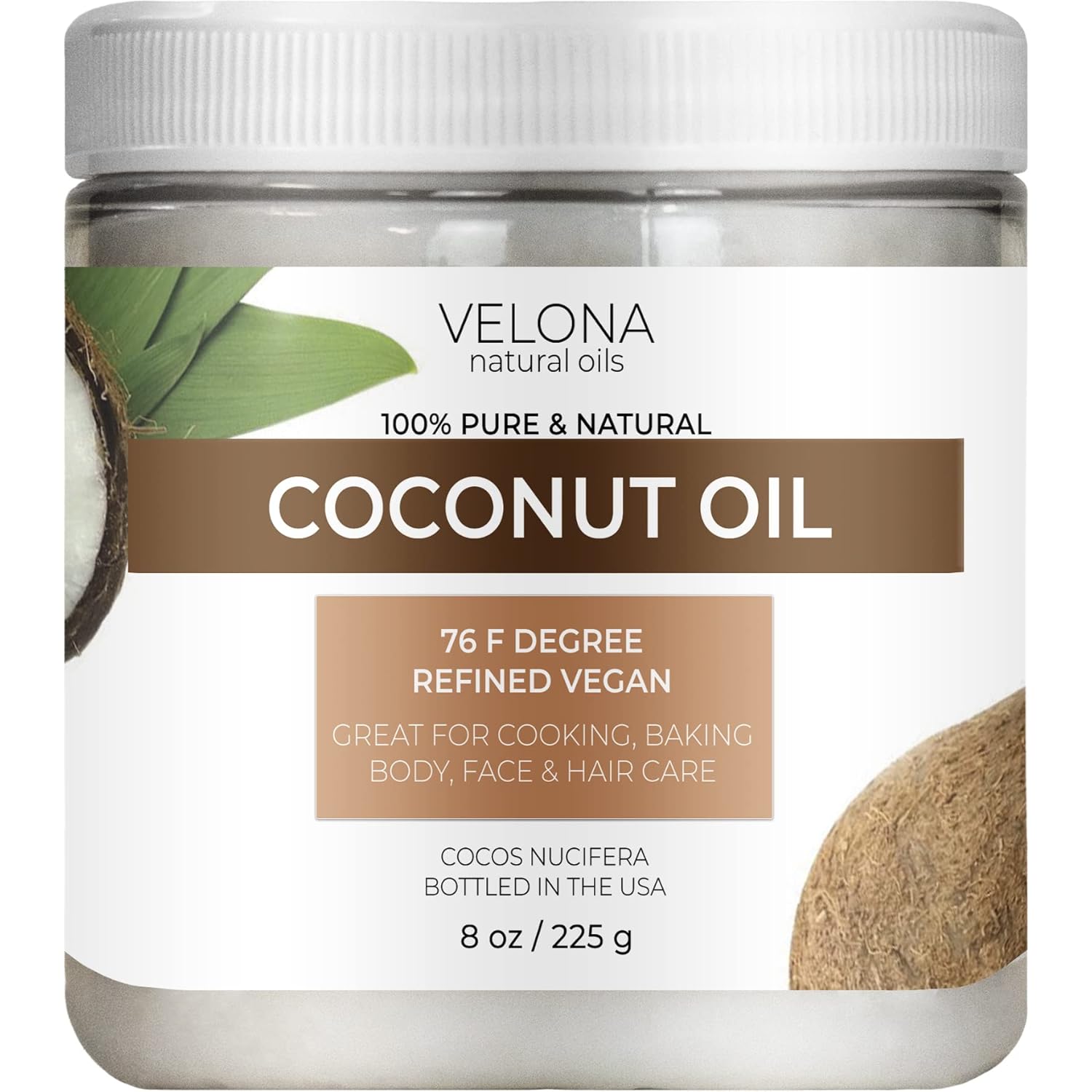 velona Aceite de coco 76 grados 8 onzas  Aceite portador 100% puro y natural  en tarro  refinado, prensado en frío  Cuidado de la piel, cara,