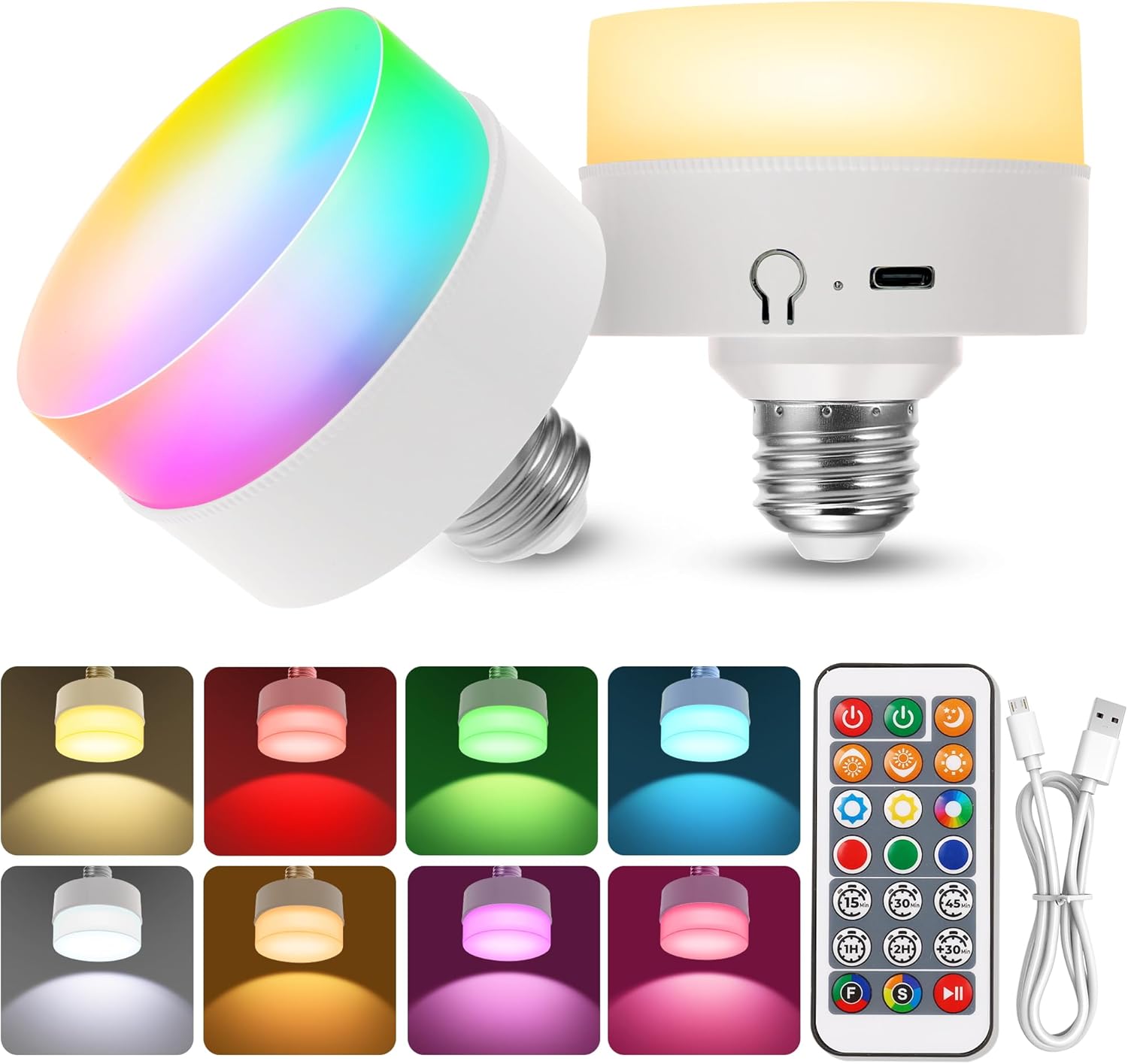 Paquete de 2 bombillas recargables recargables (paquete de 2), bombillas recargables brillantes, 3600 mAh, 110 lm, enchufe E26, varios colores,