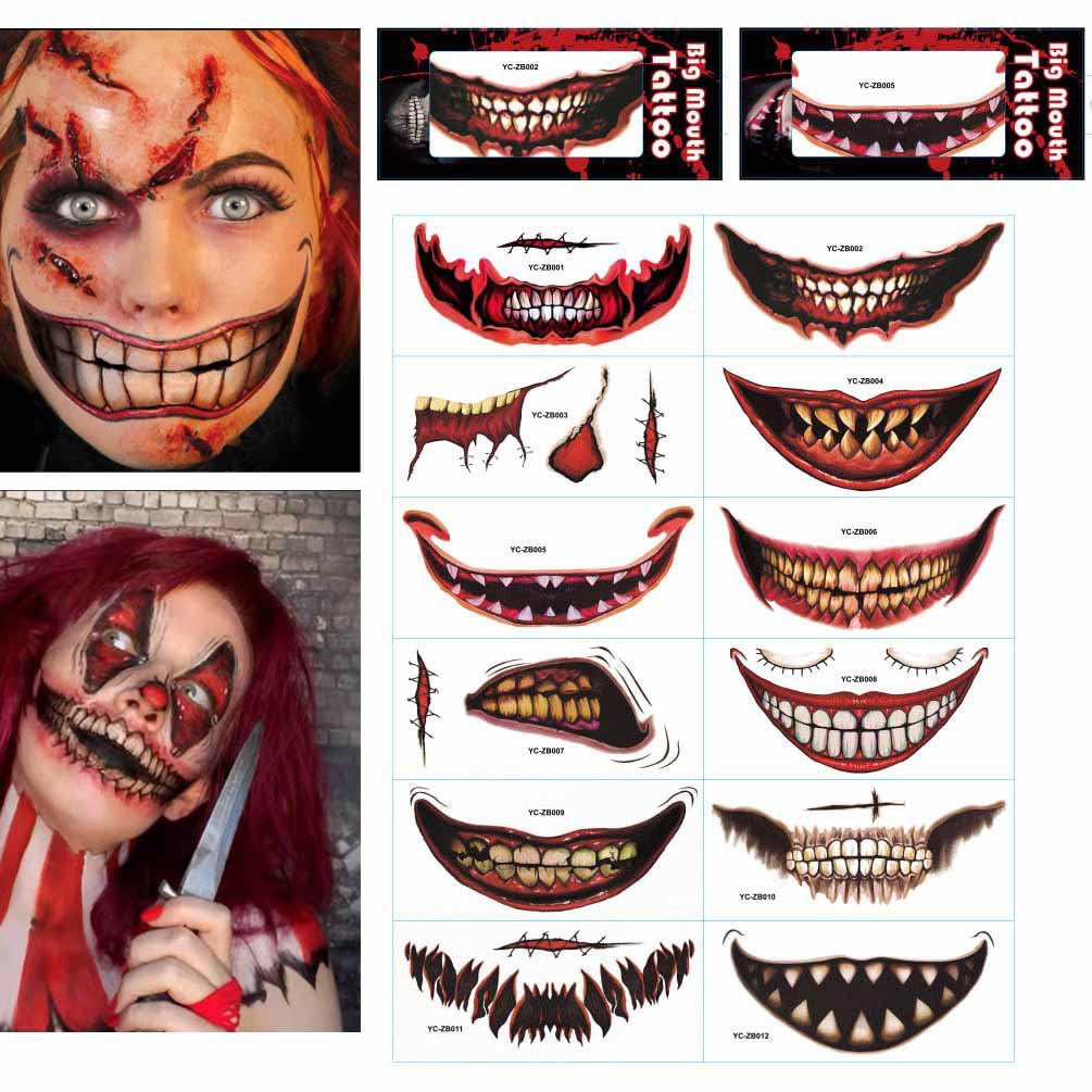 12 tatuajes temporales de cara de Halloween aterradora para mujeres, hombres y niños, broma de Halloween, maquillaje temporal, tatuaje temporal,