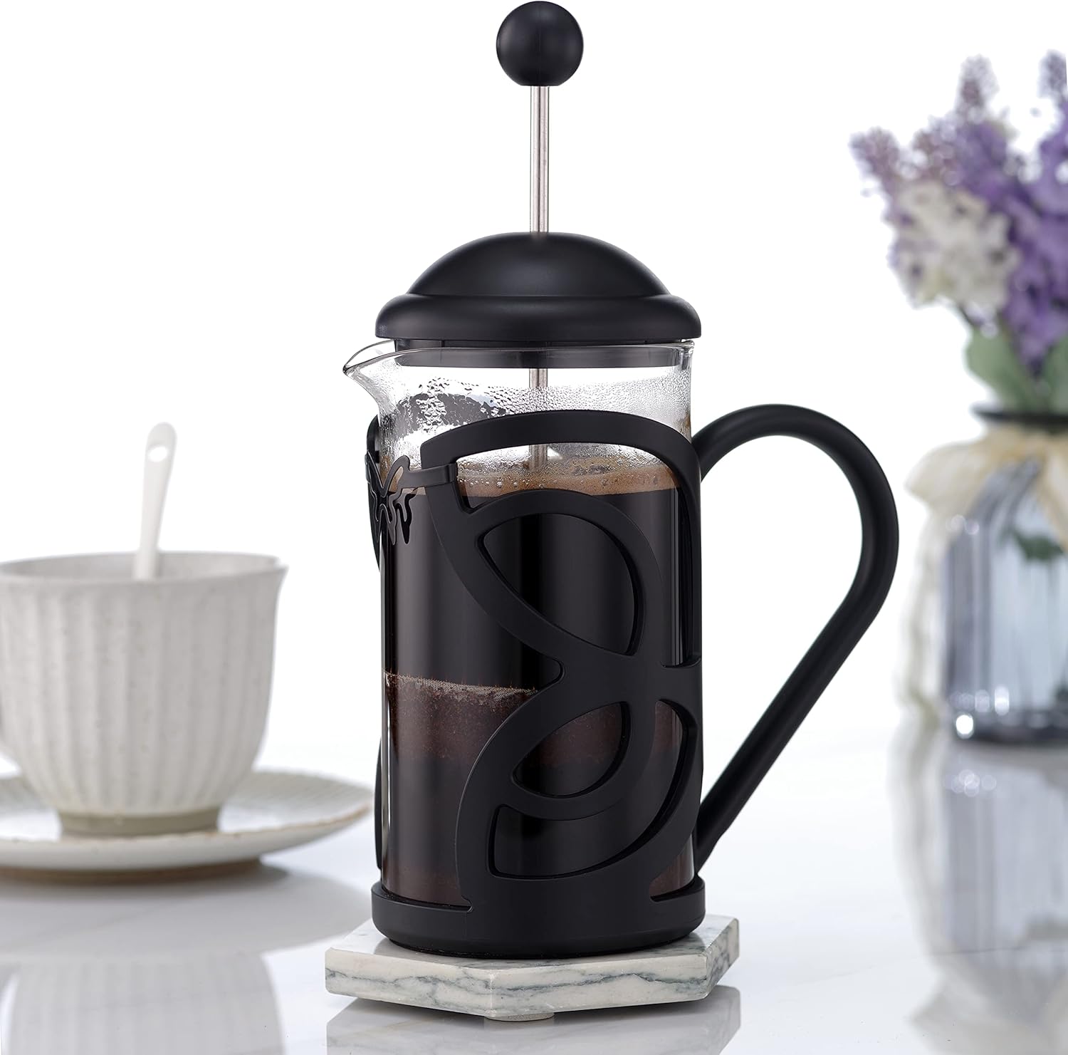 Cafetera francesa Pres de vidrio de 12 onzas y prensa francesa de acero inoxidable, 34 onzas, color negro