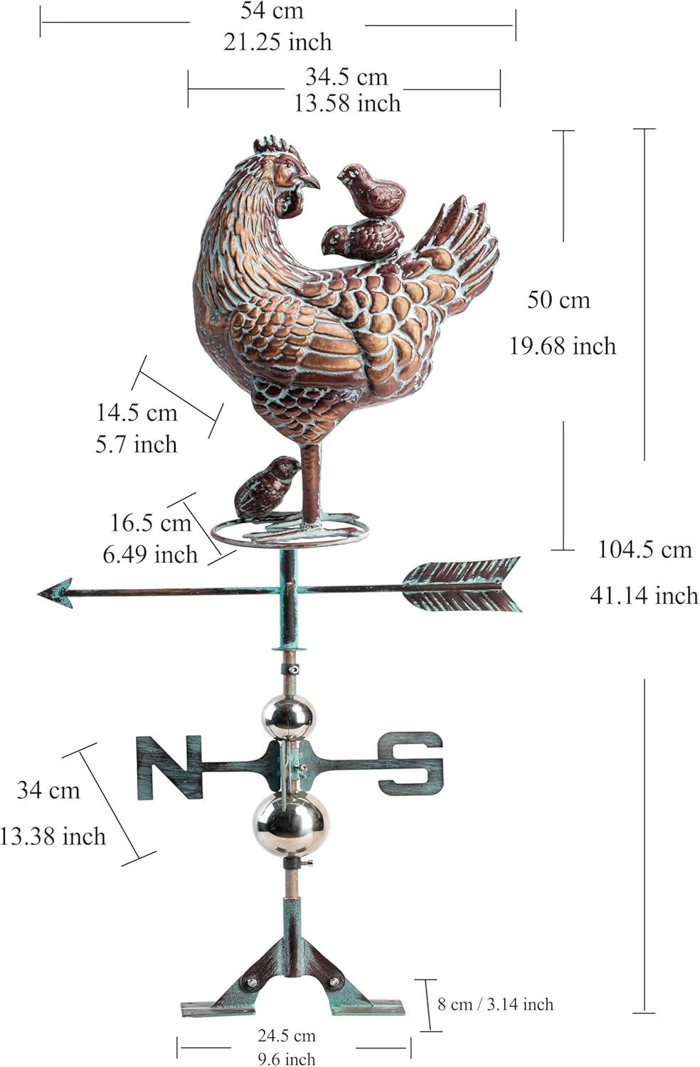 CLYB Gallina de metal con veleta de pollo – Encantadora elegancia de corral con soporte de techo ajustable