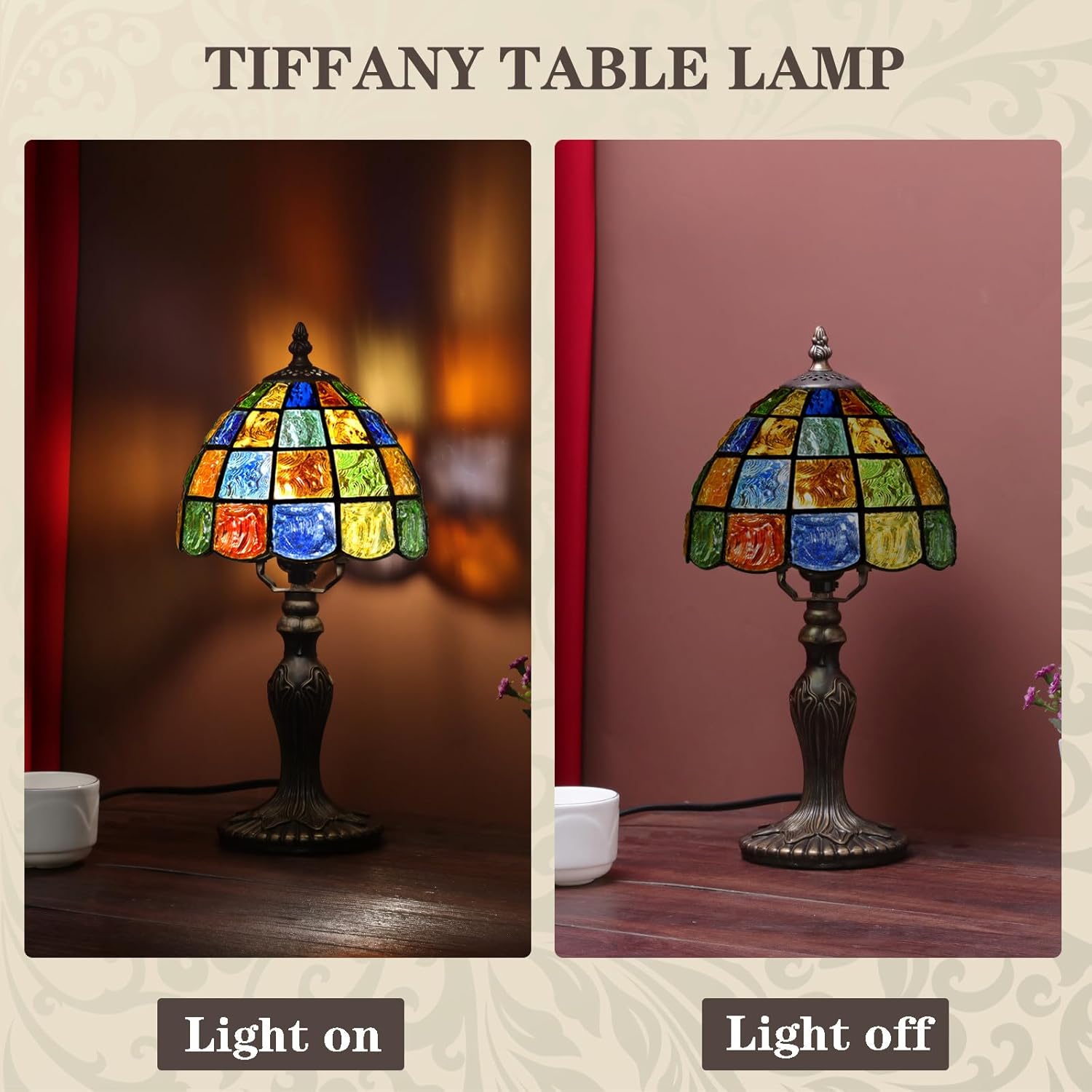 Pequeña lámpara Tiffany de mesa de vidrieras, estilo cuadrado de cristal, pantalla de lámpara de 8 pulgadas de ancho, luz nocturna estilo Tiffany,
