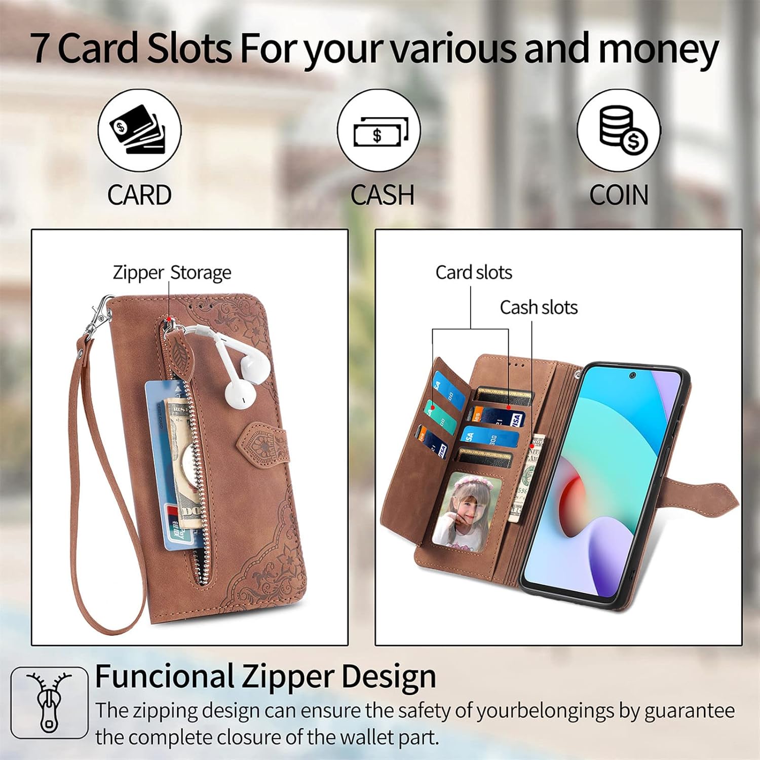 Funda tipo cartera con diseño de almacenamiento con cremallera para Xiaomi Redmi Note 11 4G, piel agradable al tacto con cierre magnético y ranuras