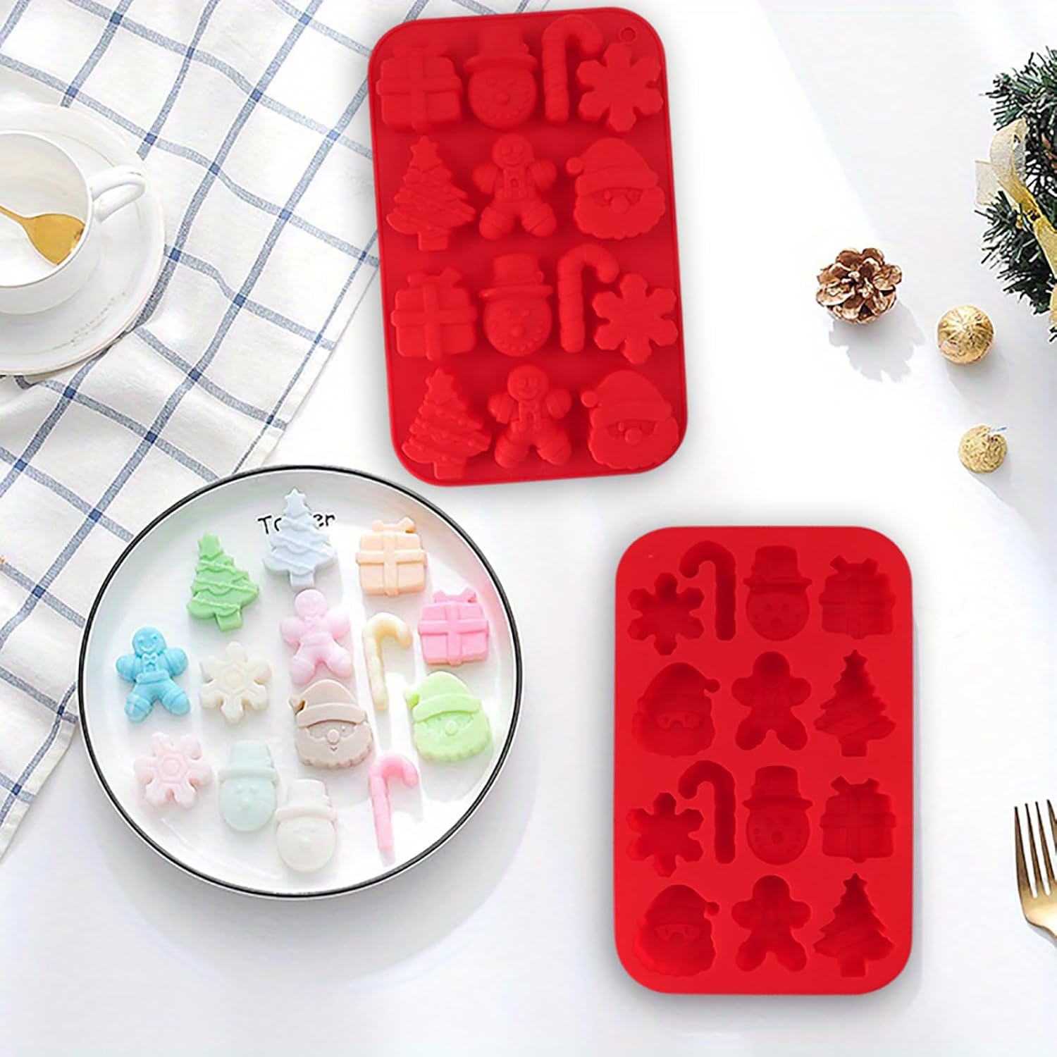 Juego de 2 moldes de silicona para hornear de Navidad, árbol de Navidad, copos de nieve, muñeco de nieve, Papá Noel, caja de regalo, pan de