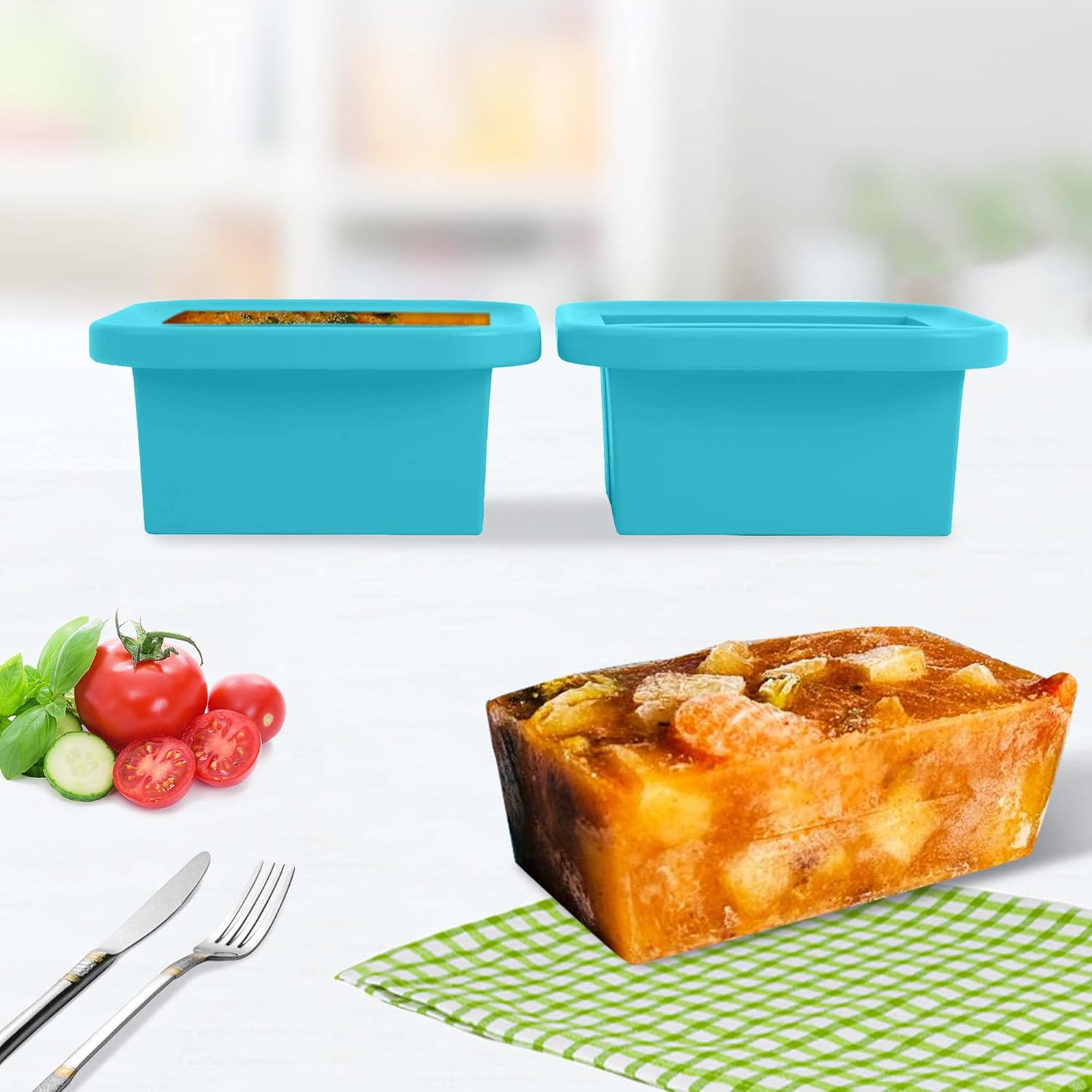 Bandeja de silicona para congelador de 2 tazas con tapa, paquete de 2, haz 4 porciones perfectas de 2 tazas, moldes de fácil liberación para