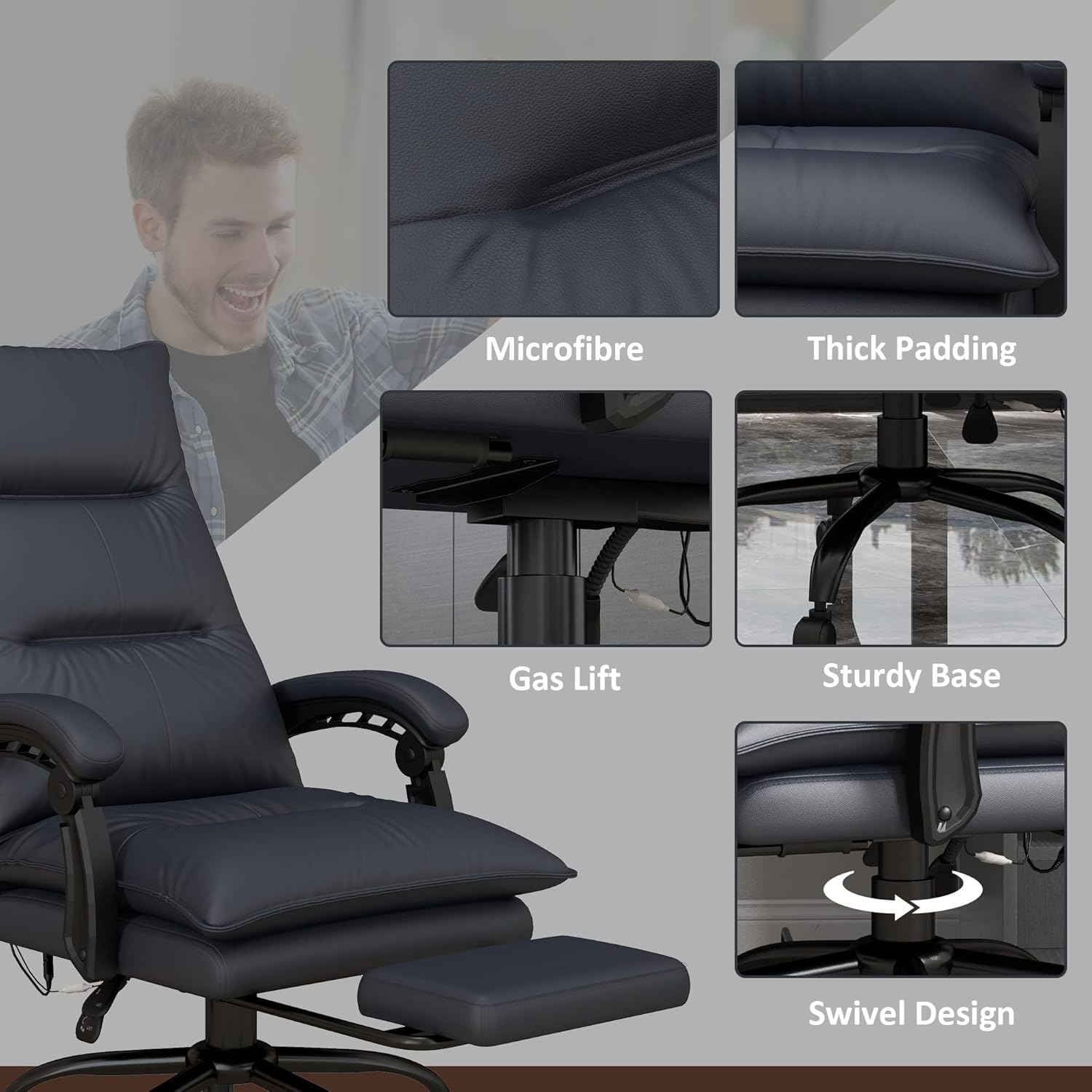 Vinsetto Silla de oficina de masaje ejecutivo con 6 puntos de vibración, silla de escritorio de microfibra para computadora, silla reclinable