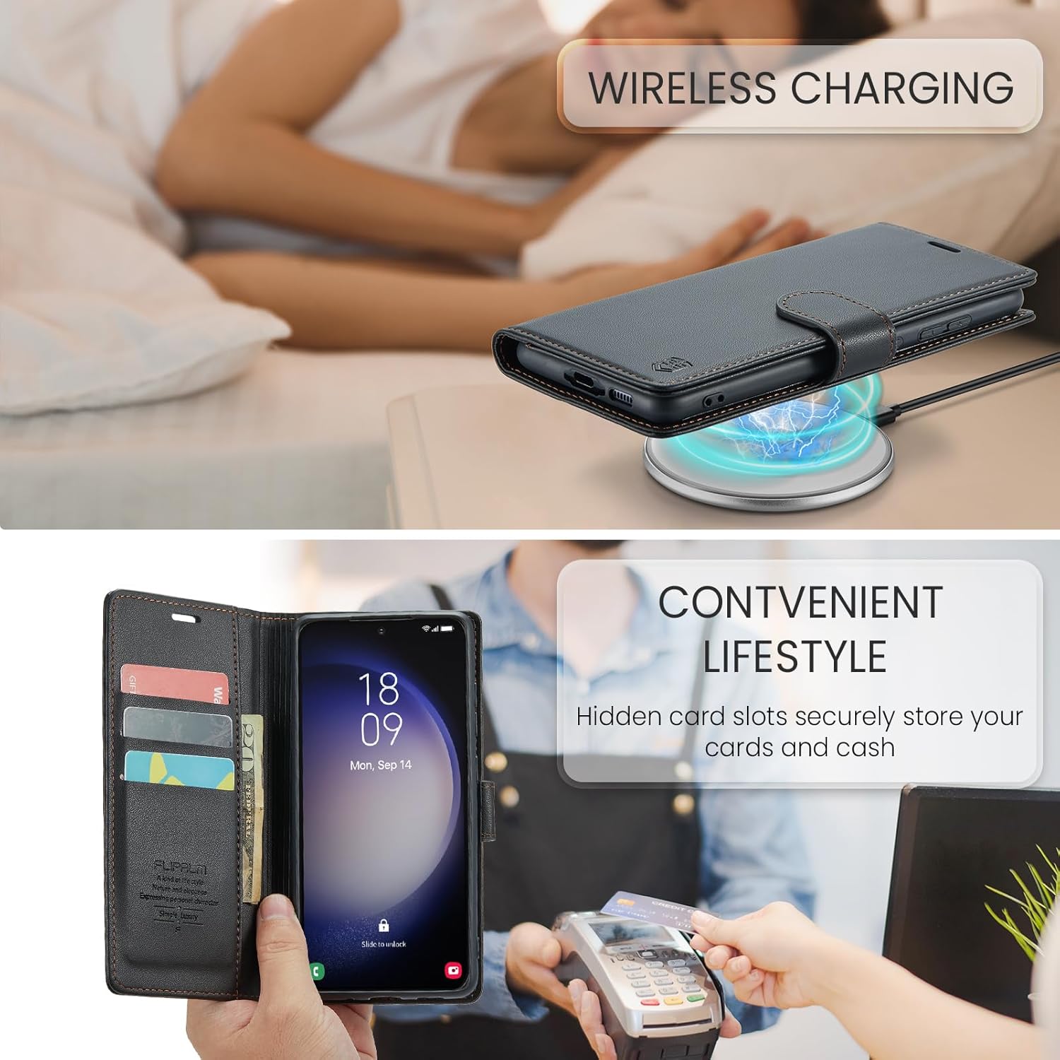 FLIPALM Funda tipo cartera para Samsung Galaxy S23 5G con bloqueo RFID, soporte para tarjeta de crédito, de piel sintética, función atril, funda