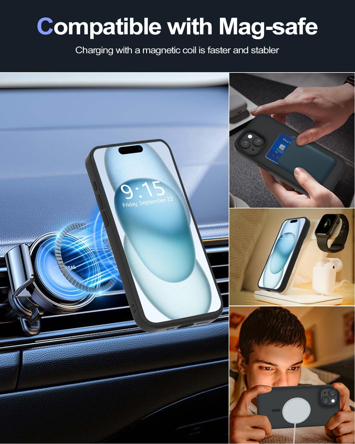 Funda magnética para iPhone 15, compatible con MagSafe Imanes N52 fuertes n. 1 y no amarillenta, protección contra caídas de grado militar de 10