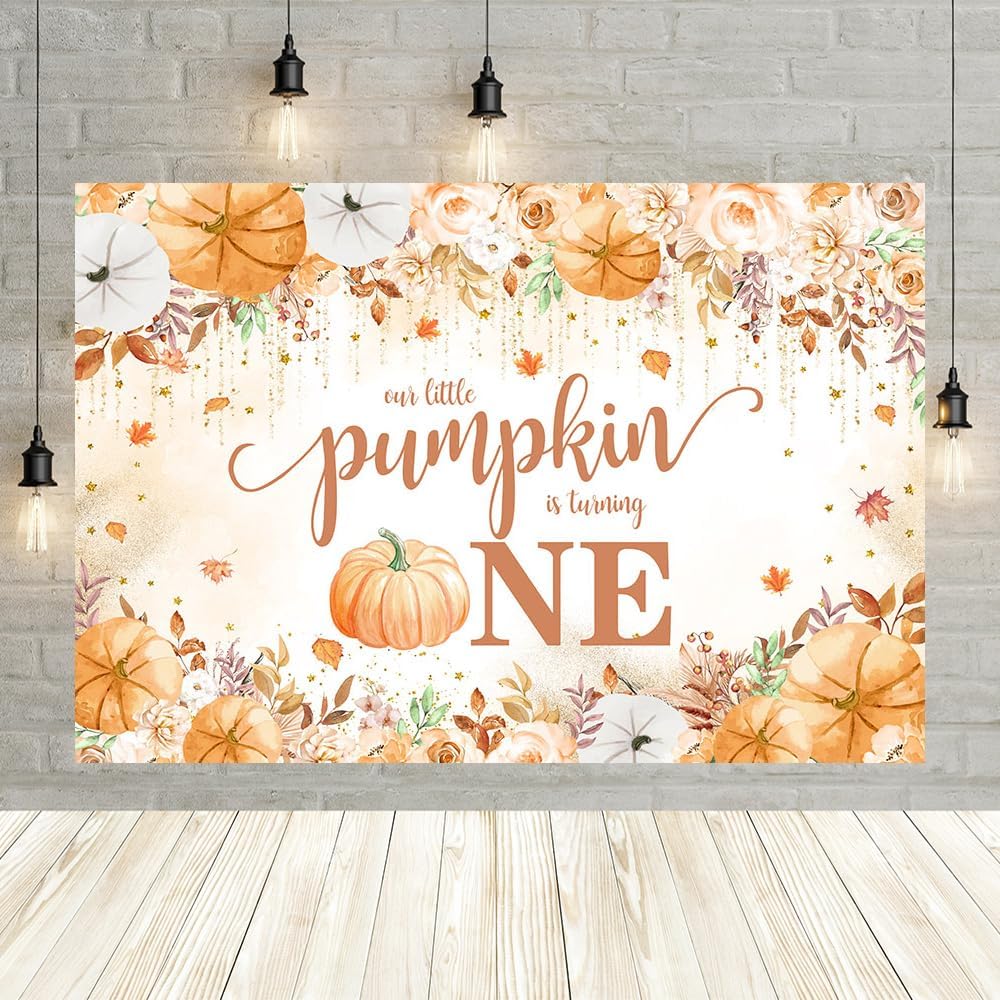 Fondo de calabaza para el primer cumpleaños, decoración de otoño con diseño de calabaza para el primer cumpleaños, pancarta con texto en inglés “Our