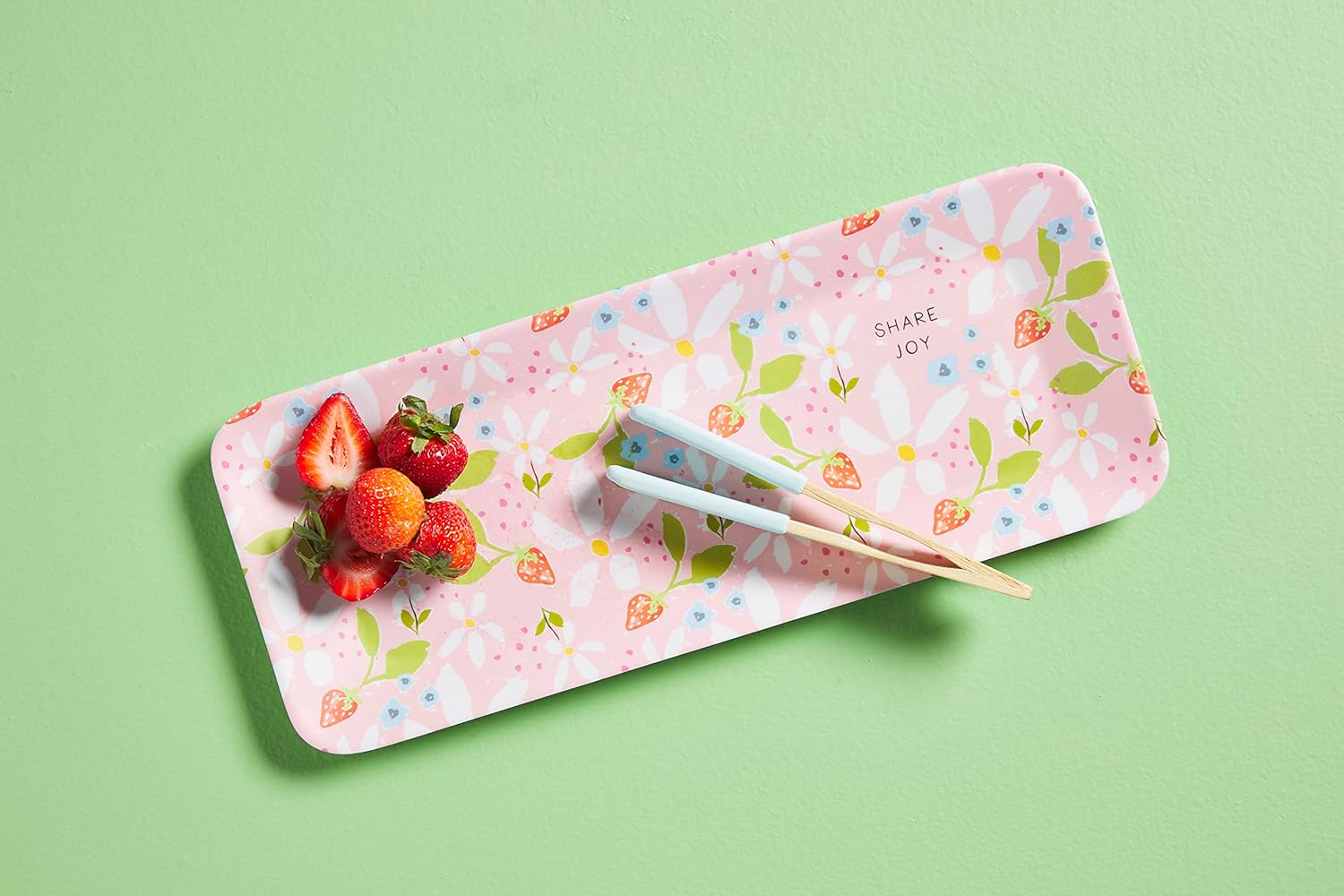 Mud Pie Berry Floral Melamina Set, bandeja 6″ x 15″  pinzas 7″, rosa