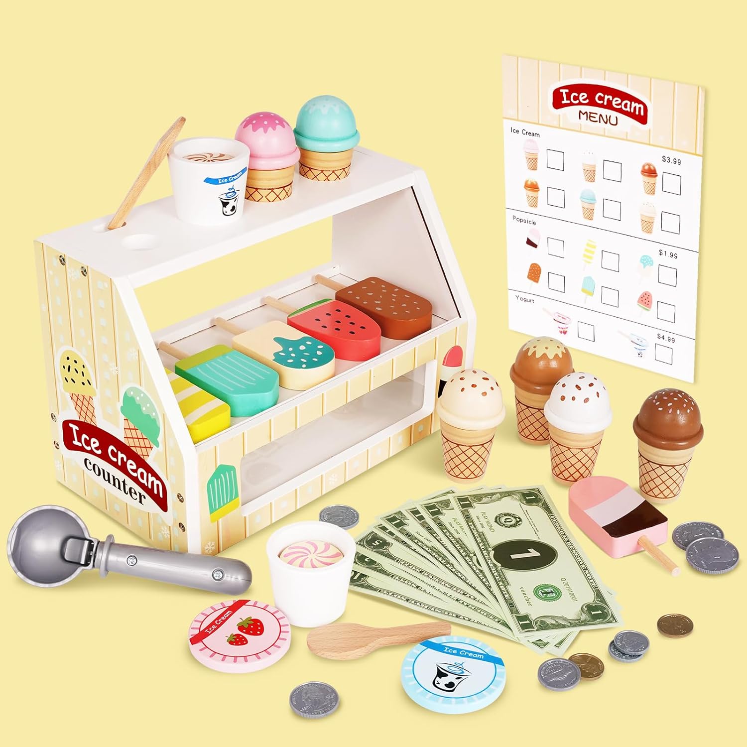 Juego de contador de helados para niños, juguetes de comida Montessori, accesorios de cocina, juego de paletas de madera con cuchara y dinero falso,