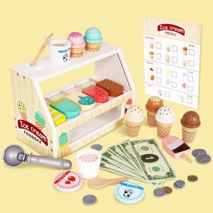 Juego de contador de helados para niños, juguetes de comida Montessori, accesorios de cocina, juego de paletas de madera con cuchara y dinero falso, Juego de contador de helados para niños, juguetes de comida Montessori, accesorios de cocina, juego de paletas de madera con cuchara y dinero falso,