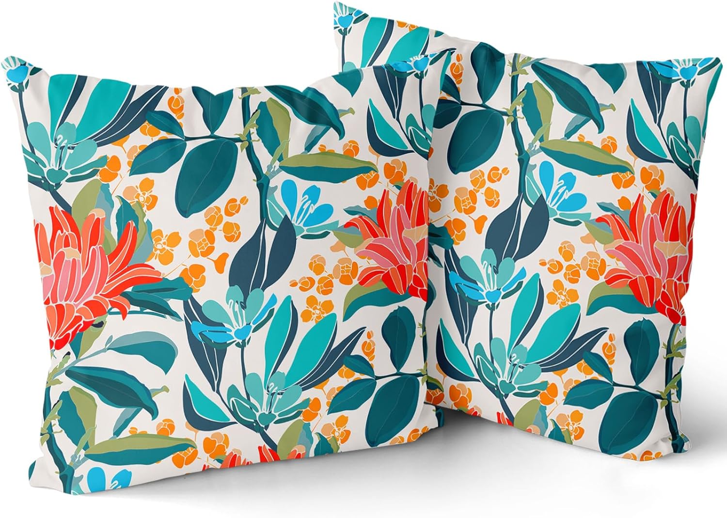 Juego de 2 fundas de almohada de 16 x 16 pulgadas con diseño floral de coral verde turquesa, hojas y flores naranjas, fundas de cojín de algodón