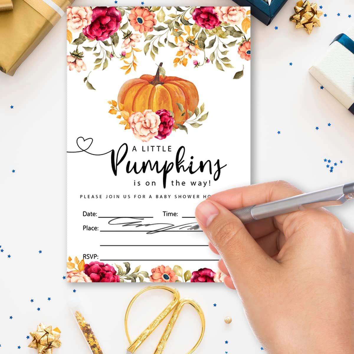 Paquete de 20 invitaciones de fiesta de calabaza pequeña con sobres, un tema de calabaza está en camino, tarjeta de invitaciones para suministros de