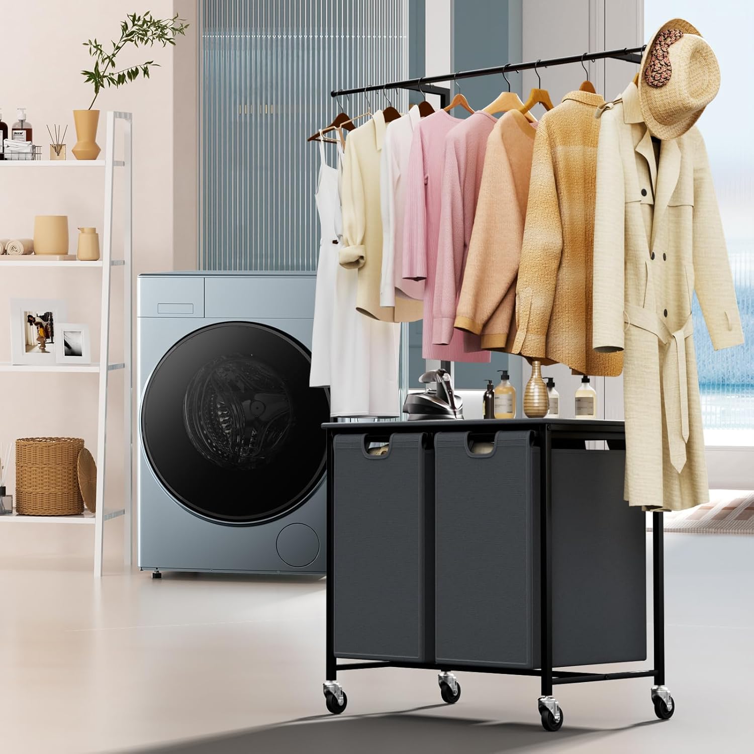 uyoyous Clasificador de ropa sucia con tabla de planchar, carrito clasificador de ropa sucia resistente de 2 secciones con riel para ropa, forros