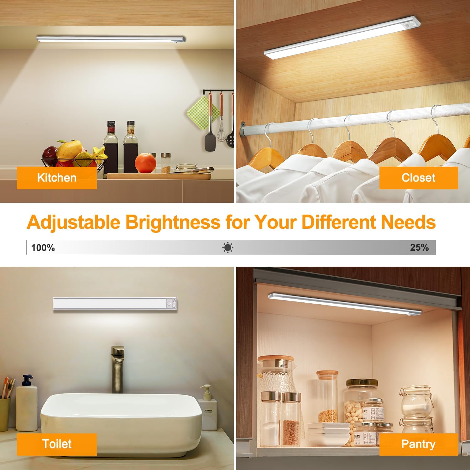 Iluminación LED inalámbrica para debajo del gabinete 2 paquetes, 70 LED + 350LM luces para debajo de armarios en cocina, batería de 1800 mAh