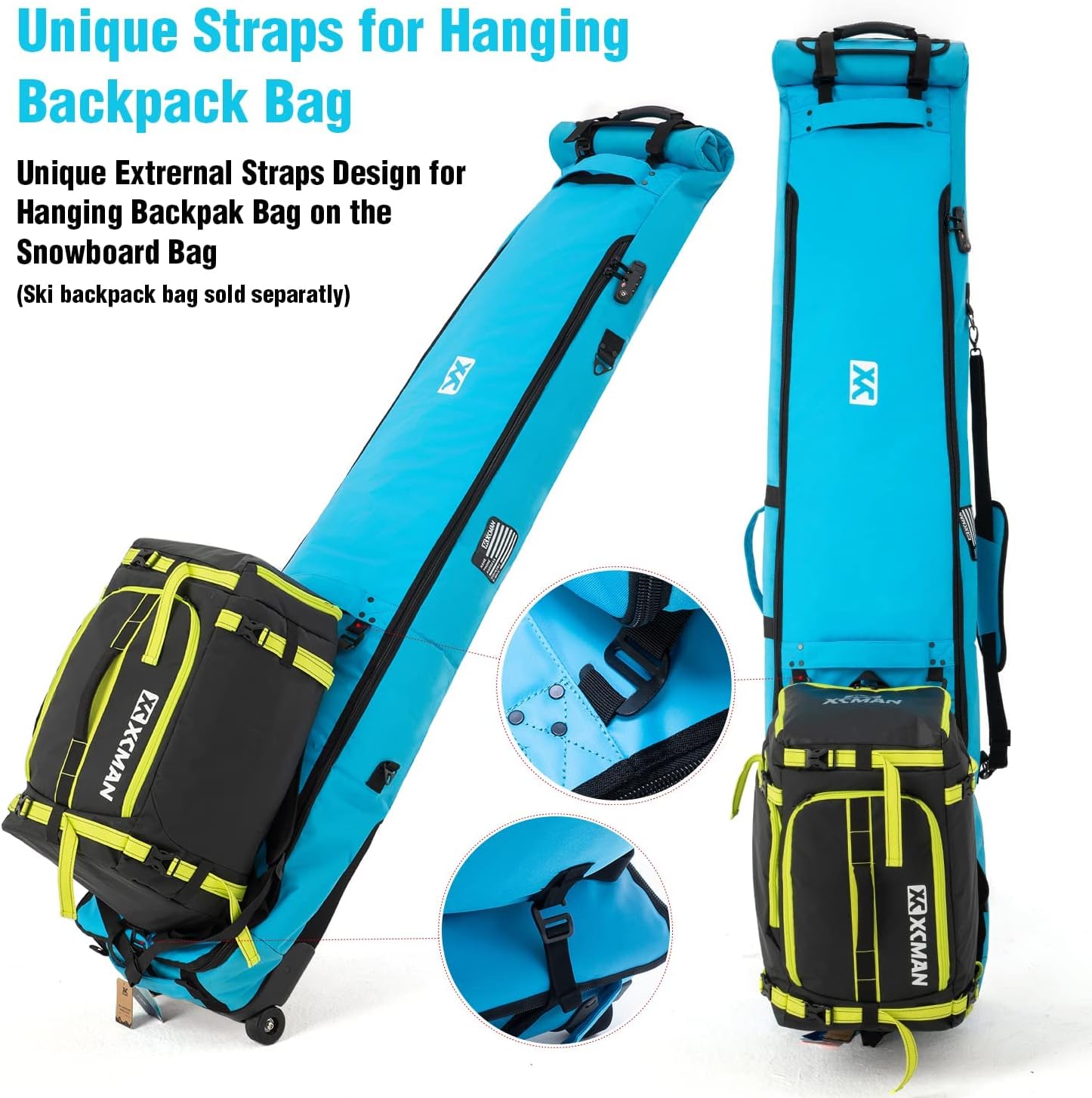 XCMAN Bolsa de snowboard acolchada con ruedas y cerradura, viajes por carretera y avión aéreo, longitud ajustable de 63 a 78 pulgadas