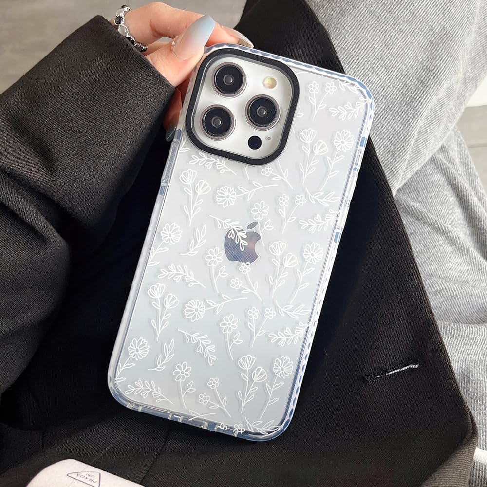 Bonito diseño de flores blancas pequeñas compatible con iPhone 14 Pro Max, funda protectora de silicona a prueba de golpes para mujer, funda