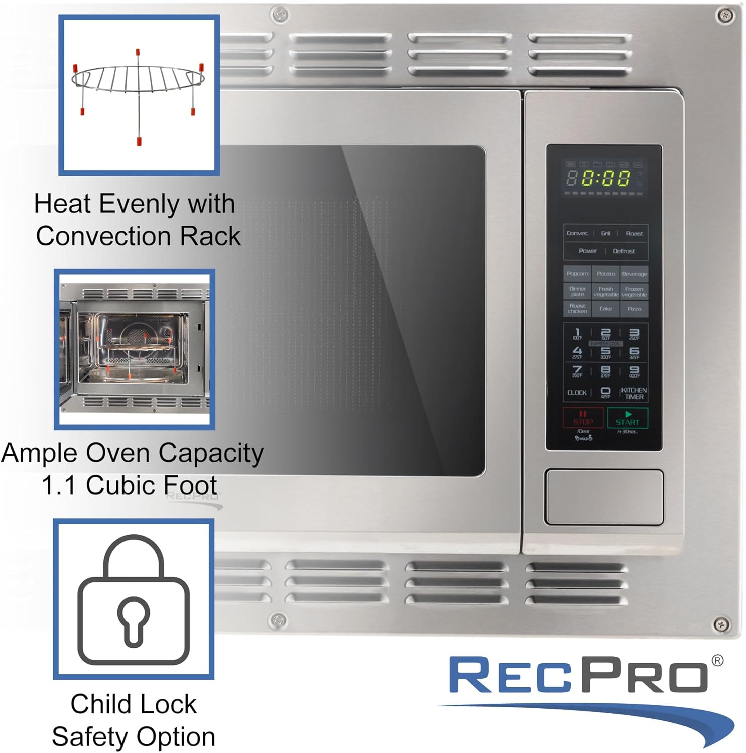 RecPro Microondas de convección RV de acero inoxidable de 1.1 pies cúbicos  120 V  Microondas  Electrodomésticos  Reemplazo directo para punta alta